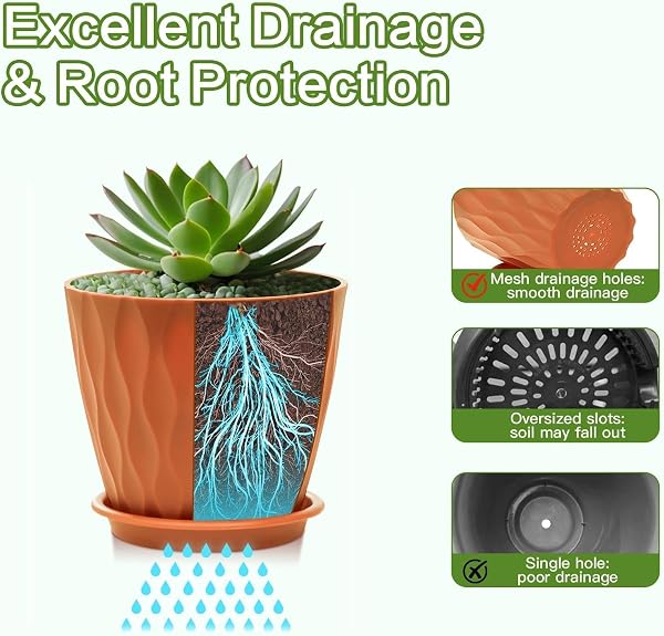 Omtofo Maceteros Decorativos Interior de Plástico 15.4 cm con Plato, 6 Piezas Maceta Redonda con Orificios de Drenaje, Macetas Plastico para Interior y Balcón, Suculentas y Cactus - 3