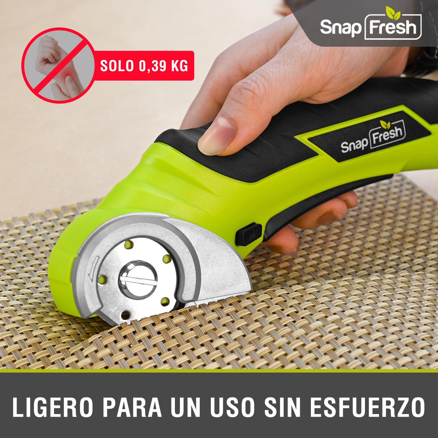 SnapFresh Tijera Eléctrica Inalámbricas 4V, Cortador de Cartón con 2 Cuchillas Autoafilables, Carga USB-C, Adecuada para Cartón, Papel, Alfombra, Cuero, Plástico y Embalajes
