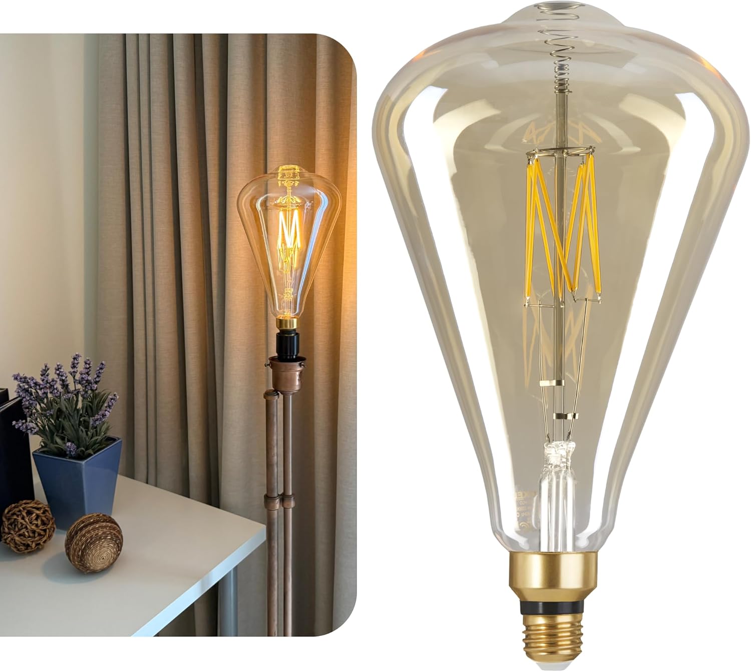 Oversized Edison LED Light Huge Bulb Vintage ST164 7W Equivalent 60W - Dimmable 2200K Warm Amber Glow - 650 Lumens - E26 Base - Antique Filament Decorative Light - 360° Beam (Golden Glass)