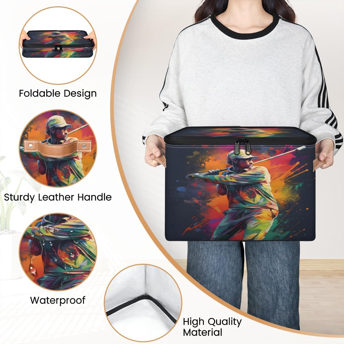 Storage Bin Set of 2 Baseball Player Storage Basket with Zipper Lid & Handle Foldable Closet Shelf 2 Pack Cloth Organizer Basket Cube Bins Clothes Organizer for Bedroom, Nursery