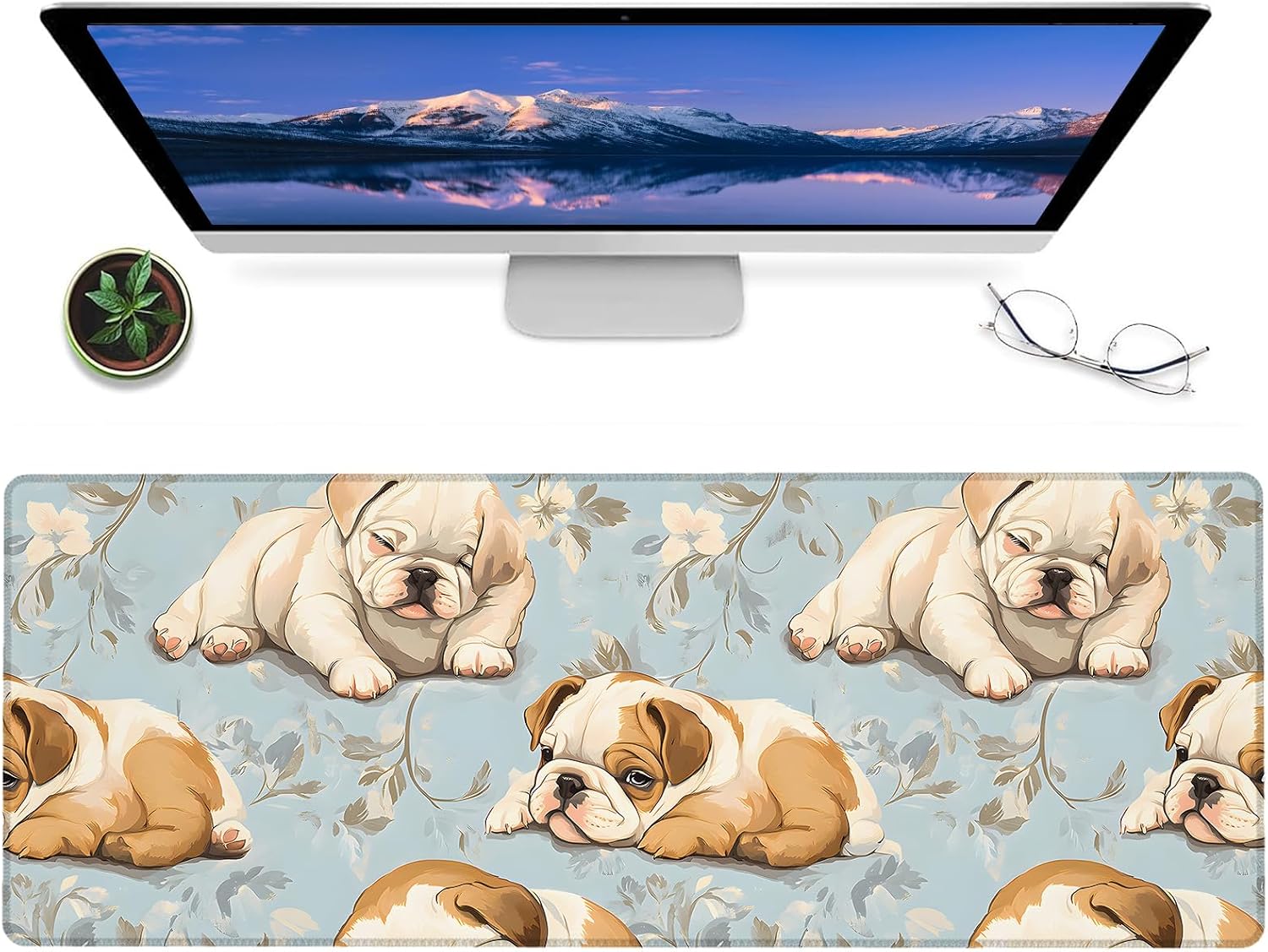 Cute Dog Gaming Mouse Pad,12x31.5in Non-Slip Rubber Puppy Desk Mat,Large Extended Mousepad for Office Home Laptop,Mice Pads Gifts,Game Lover Deskmat Decor (English Bulldog and Blue Floral)