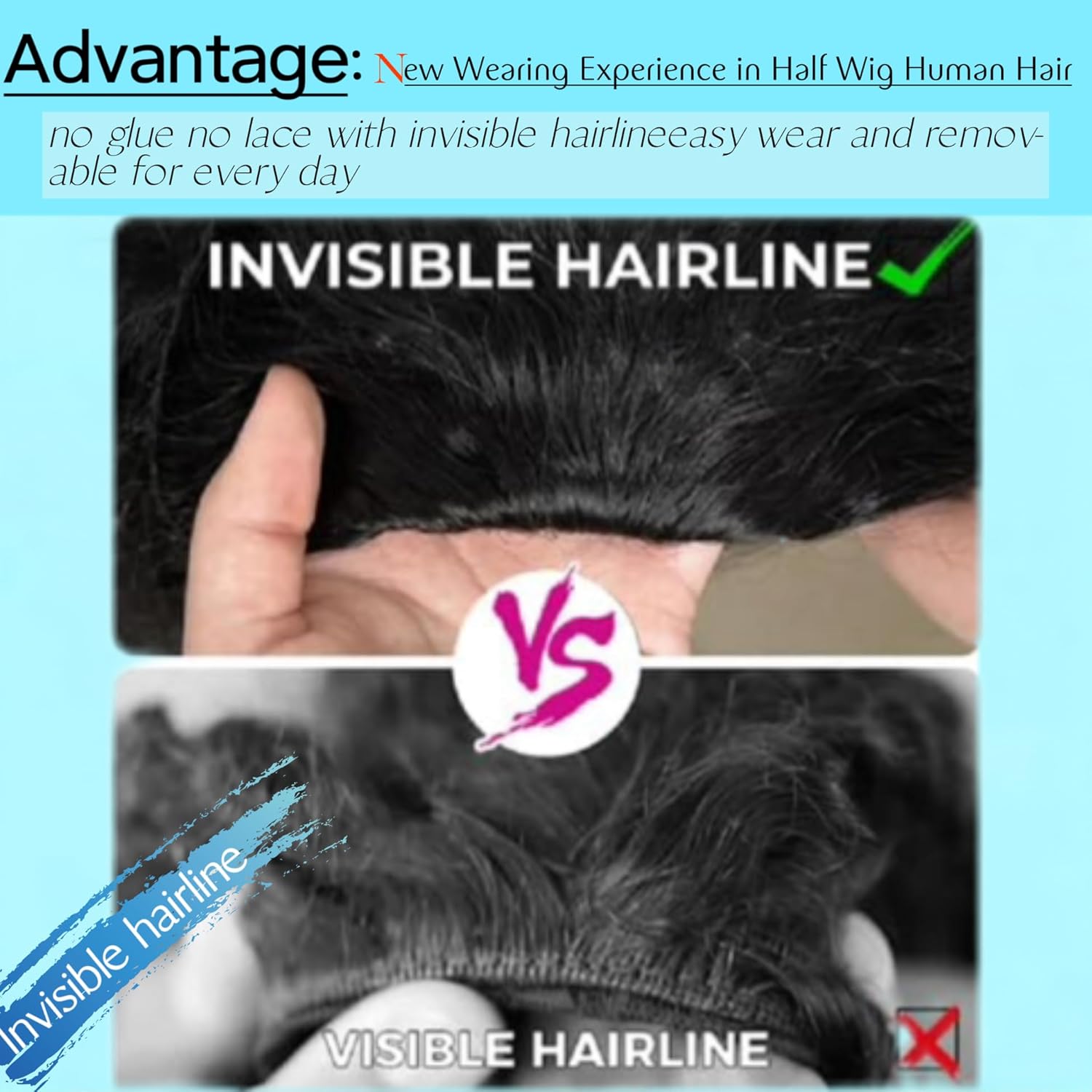 Kinky Curly Half Wig Human Hair Drawstring Seamless Flip Over Half Curly Wig Human Hair Invisible Hairline Glueless Wear and Go Wigs For Black Women Beginner Friendly 18Inch 200% Density