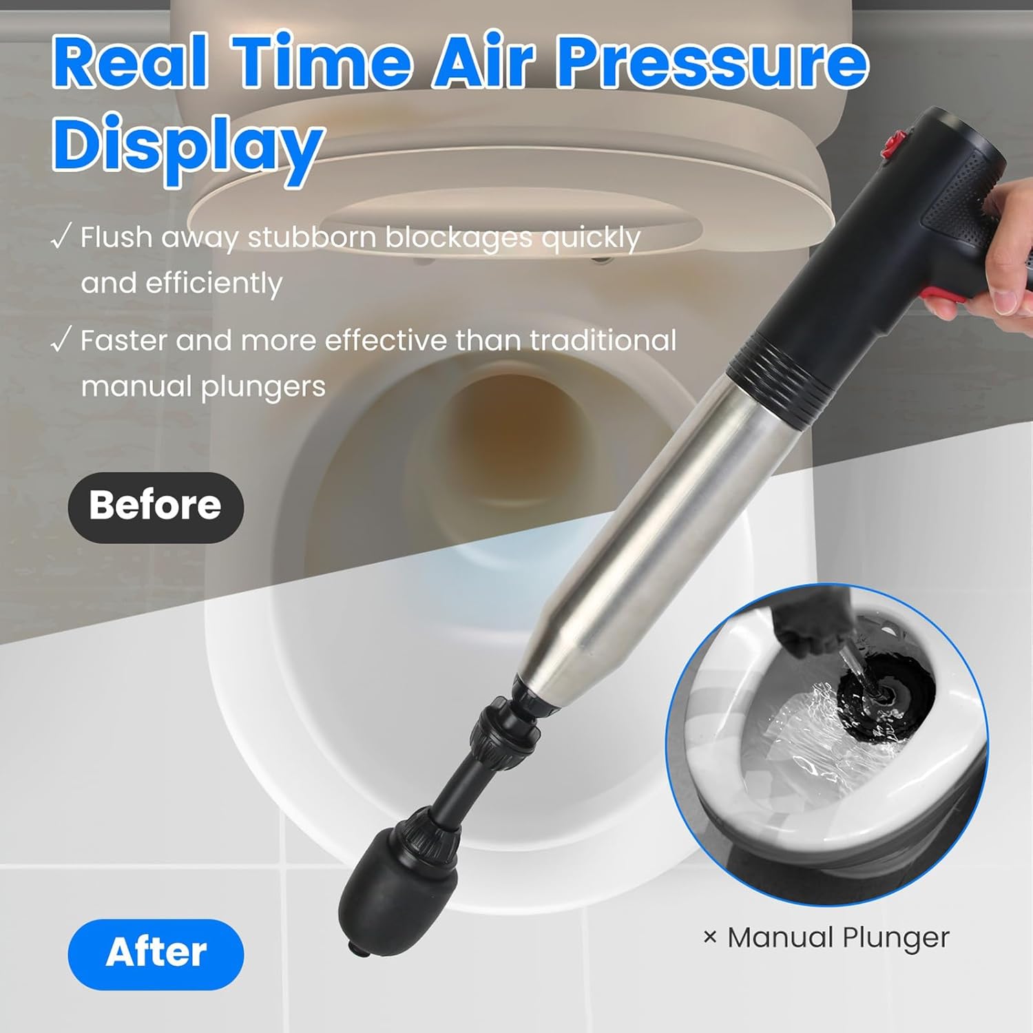 Electric Toilet Plunger, High Pressure Air Plungers for Bathroom Heavy Duty Air Drain Blaster Drain Clog Remover with Real Time Barometer Unclogger for Toilet, Floor Drain, Sewer