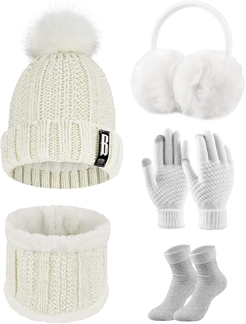 Voqeen Knitted Hat Scarf Gloves Set 5 Pcs Touch Screen Gloves Set Beanie Hat Circle Scarf Socks Plush Ear Warmer Warming Outdoor Set Warm Women Winter Set