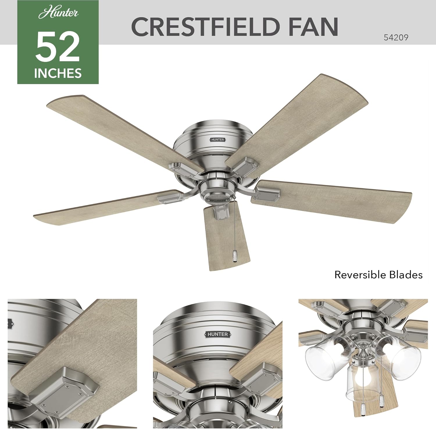 Hunter 52 inch Indoor Ceiling Fan with LED Lights and Pull Chain - Low Profile Mount Ceiling Fan, 5 Blades, For Bedroom, Living Room, or Kitchen, Quiet - Crestfield 54209, Brushed Nickel