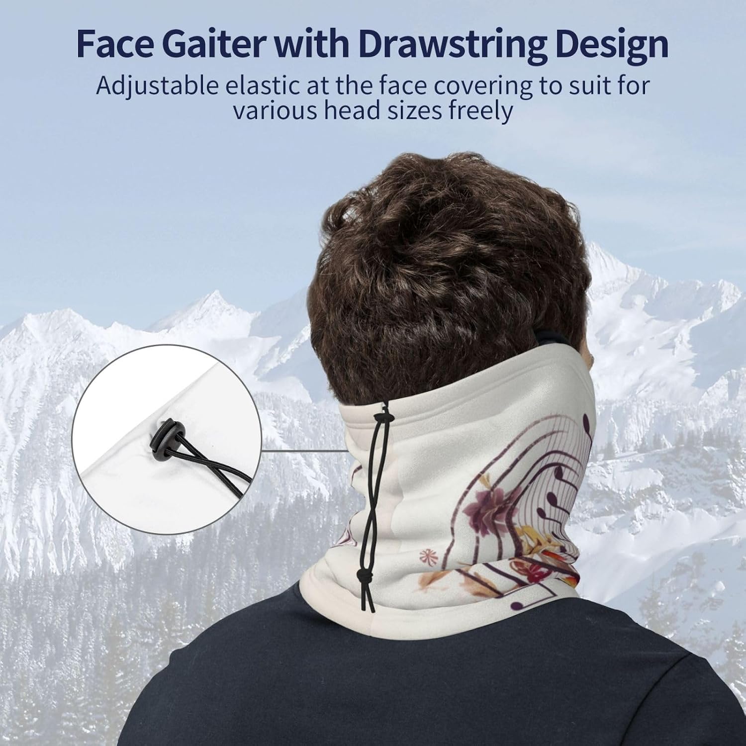 Neck Warmer Winter, Musical Note Floral Print For Cold Weather Winter Face Mask,Thick Warm Neck Gaiter Face Scarf,For Men Women Skiing Cycling - With Rope