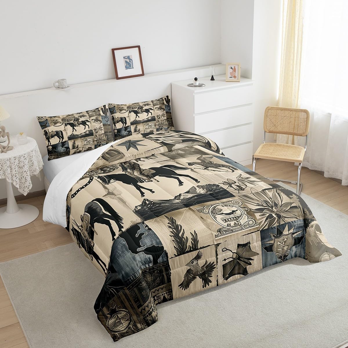 Feelyou Western Cowboy Comforter Set Full Size for Boys Men Teens Retro Farmhouse Bedding Set American Wild West Desert Patchwork Down Comforter Country Theme Bedroom Decor Duvet Set