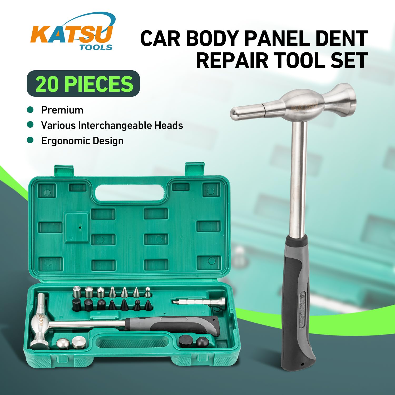 KATSU Tools 20-Piece Car Body Panel Dent Repair Tool Set, Stainless Steel Hammer with Tap Down Pen & Heads - Image 2