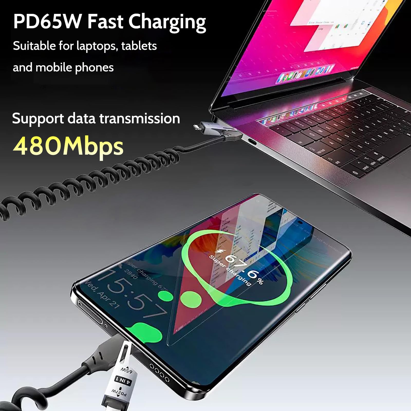 Chowany kabel do szybkiego ładowania 4 w 1, 65 W, 2 m, USB-C na L/USB-C/USB-A, kabel do wielu urządzeń iPhone 15/14/13, iPad, Samsung, MacBook, laptop, samochód, tablet (2)