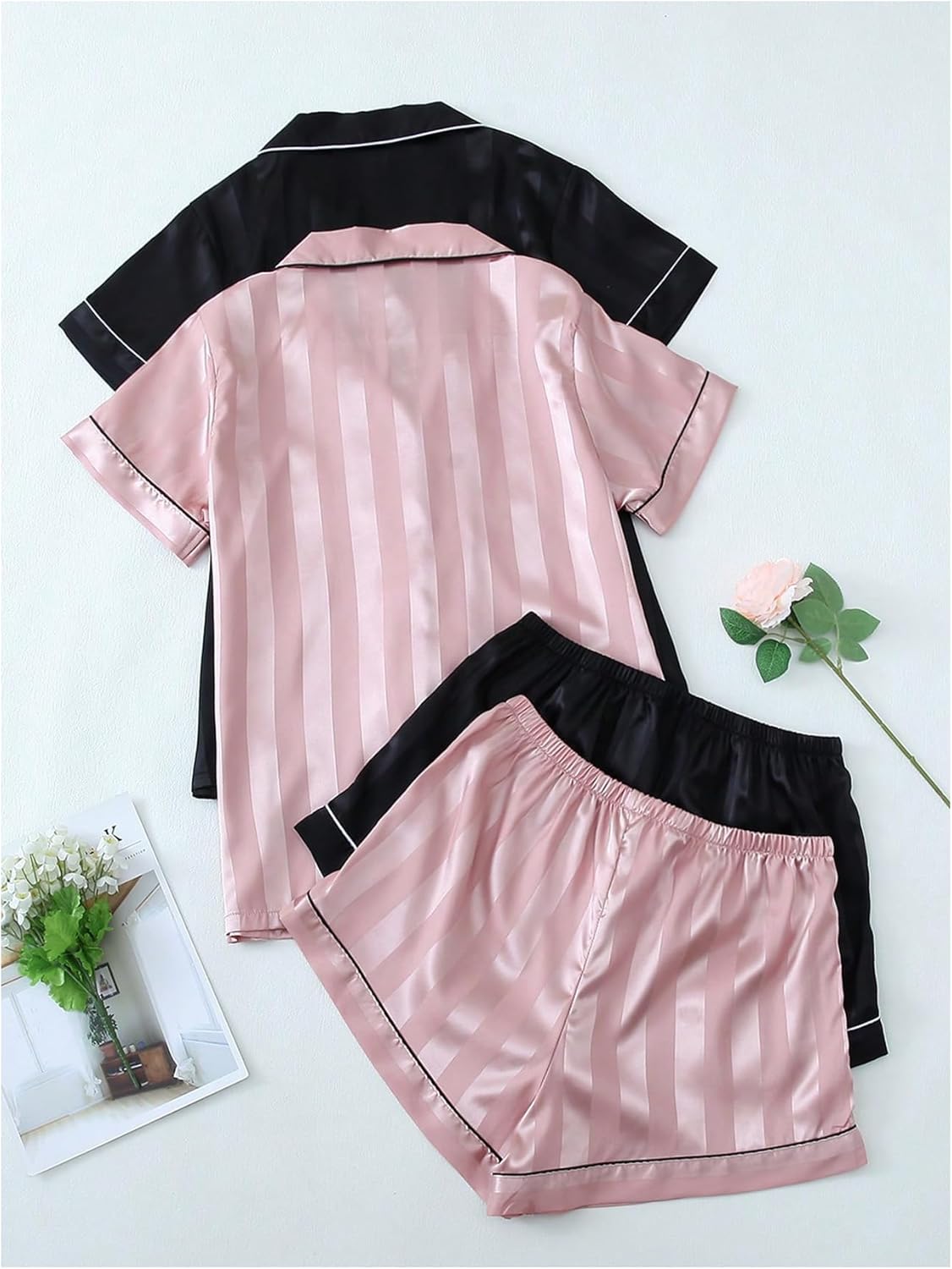 SHENHE Women's 2 Piece Pajama Sets 2 Pack Fall Pajamas Satin Button Shirt with Shorts Cute Pj Set Lounge Pjs - Image 2