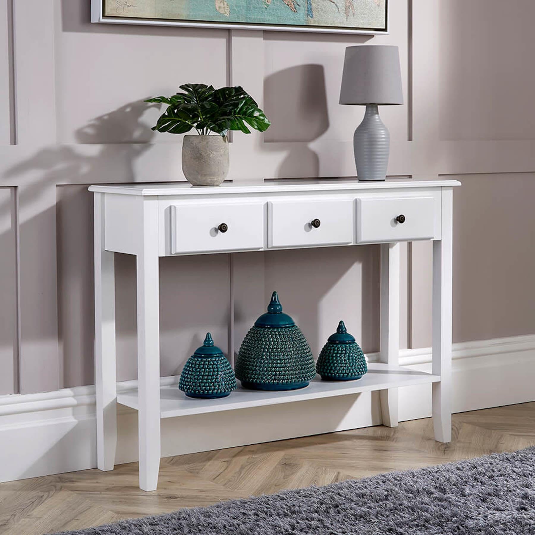 Home Source Garda Hallway Console Table, Wooden Entryway Side Desk Under-shelf Storage, Black Metal Handles, White, 3 Drawer