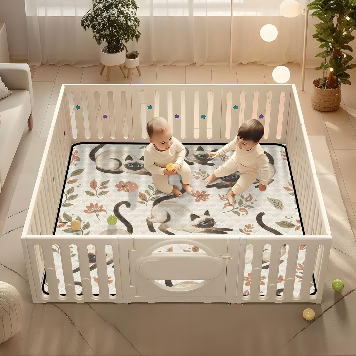 Cute Cartoon Siamese Cat Baby Play Mat,Portable Foldable Crawling Mat Thicken Soft Non-Slip Waterproof Washable Baby Mat 50 x 50 Inch