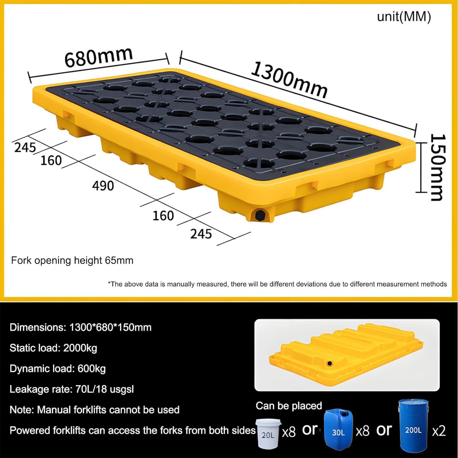 Plateforme modulaire de rétention des déversements - Conception empilable avec grille antidérapante pour la prévention des fuites industrielles et le stockage sécurisé des fûts, 130 x 68 x 1