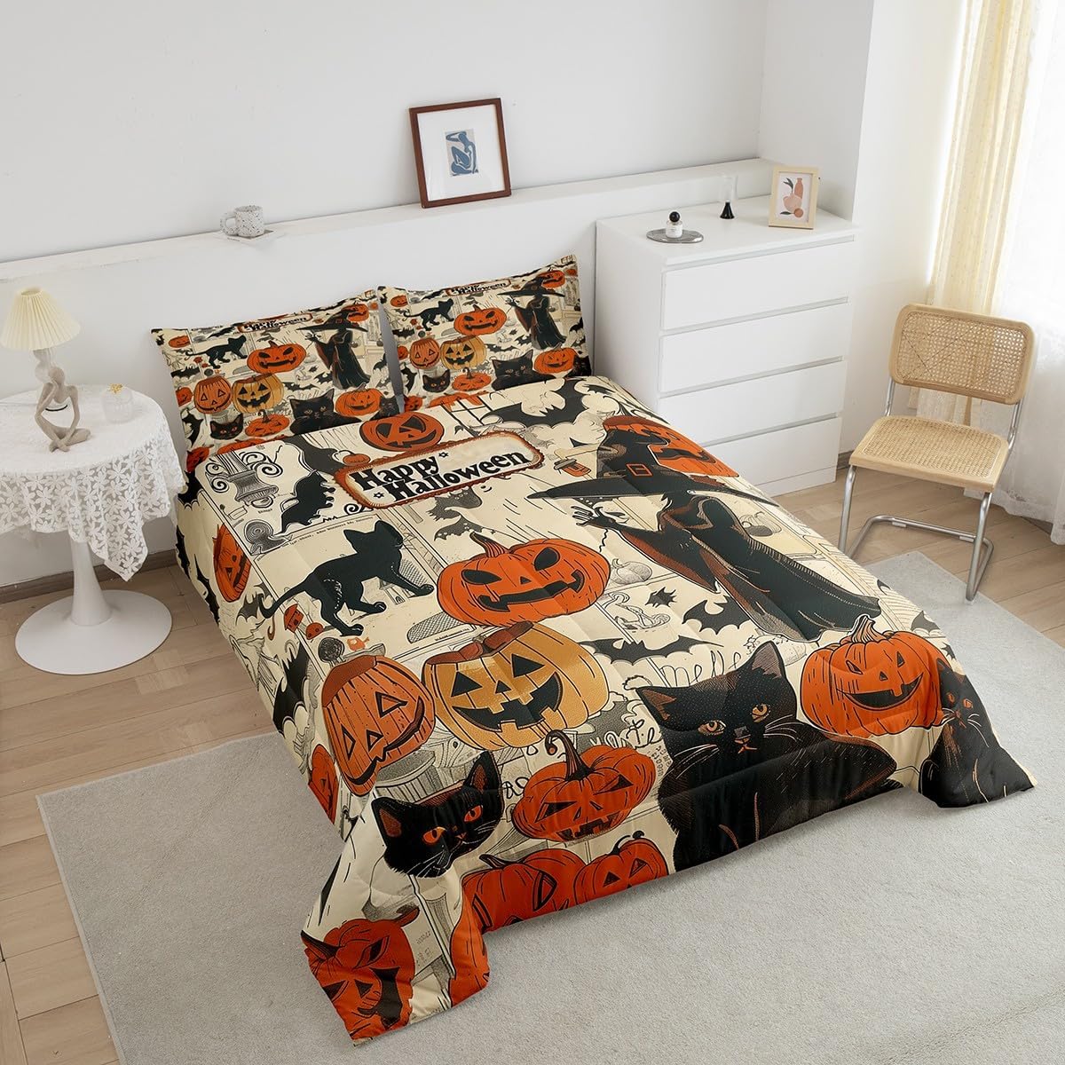 Feelyou Happy Halloween Comforter Set for Kids - Queen Size Pumpkin Lantern Printed Bedding - Horror Black Cat Witch Duvet Set - 3Pcs Quilt Set for Boys Girls Bedroom Decor
