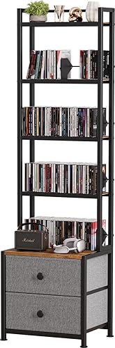 Epouseter CD Storage Rack with Drawer, 5-Tier DVD Organizer Shelf w/Adjustable Book Stoppers, Media Storage Rack for CD/DVD, Books & Games, Ideal for Living Room & Home Office – 15.7x11.8x56.5Inches