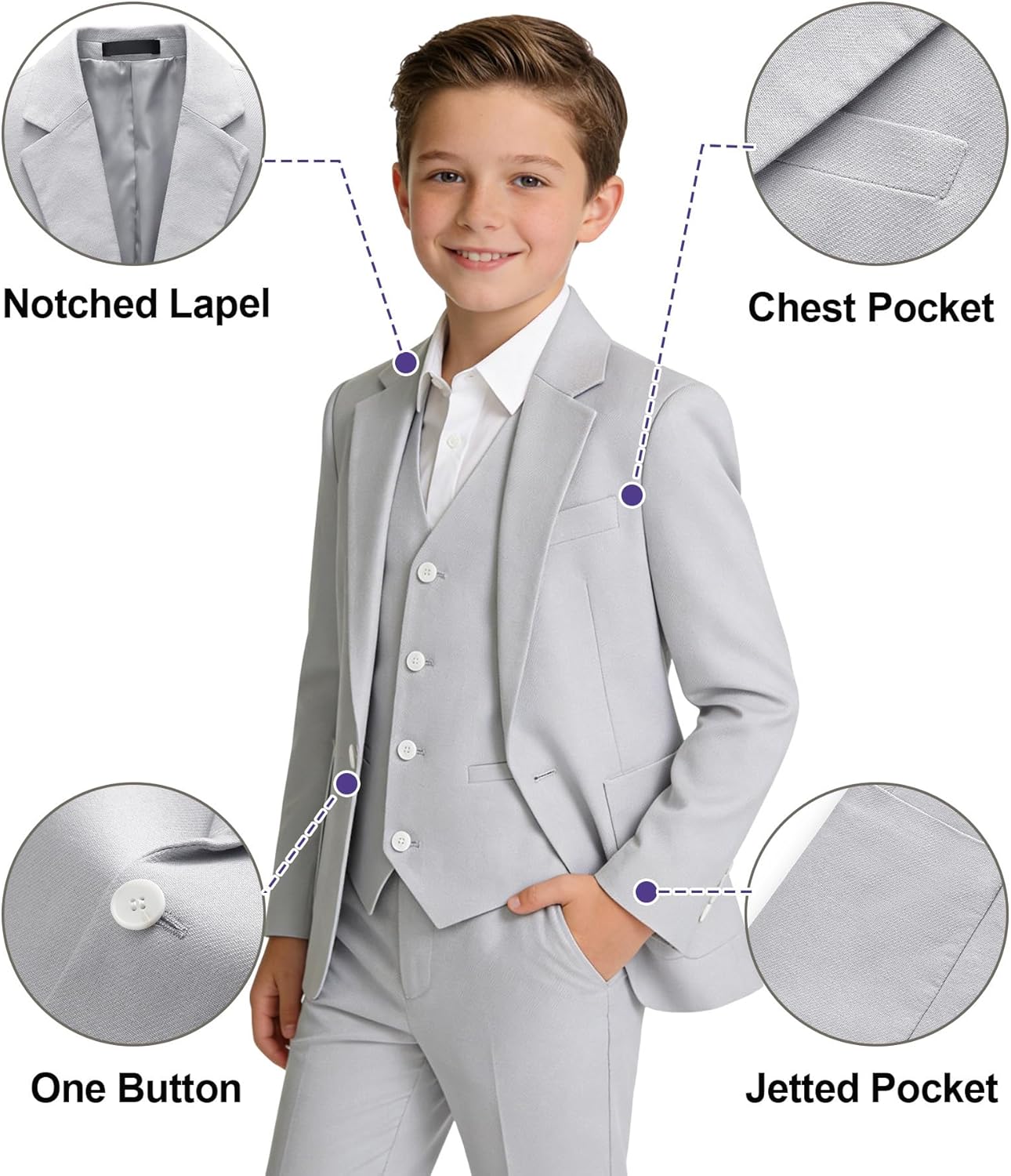 KUDORO Boys Suits 3-Piece Kids Tuxedo Slim Fit Formal Outfit Set with Casual Blazer Vest Pants Summer Beach Wedding Prom