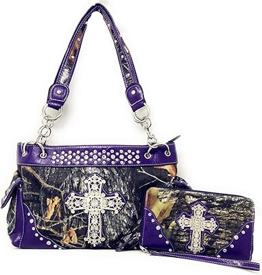 Western Rhinestone Camouflage Handbag With Matching Wallet In Multi Collections (Purple Cross)