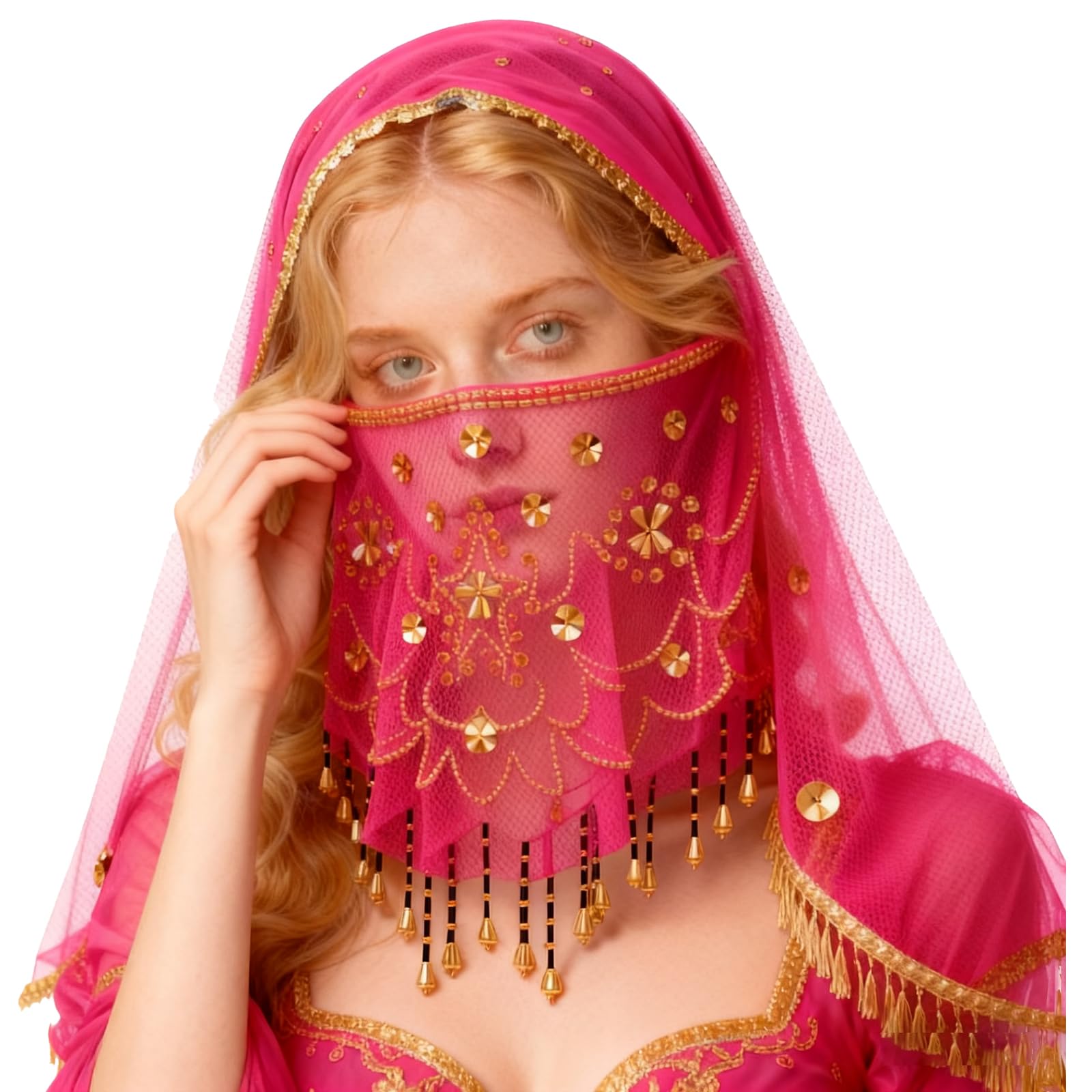 Baisdan Belly Dance Face Veil with Beads Sequins Cosplay Halloween Carnival Costume Accessory, Rose - Image 6