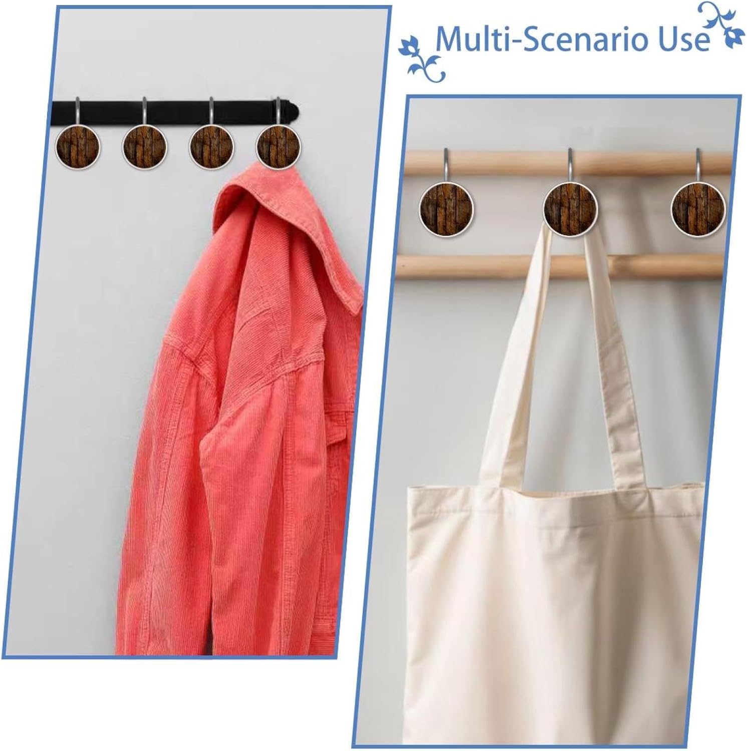 12PCS Vintage Brown Wood Shower Curtain Hooks Metal Rust Resistant Decorative Shower Curtain Hooks Bathroom Decorations