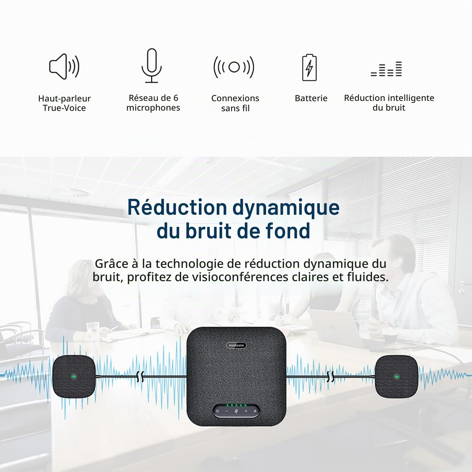 Octopus Pro Haut-Parleur et Microphone de conférence Bluetooth et USB, avec 2 Microphones d'extension, la Prise de Voix à 8 mètres, Compatible Zoom/MS Teams, pour Salle de conférence