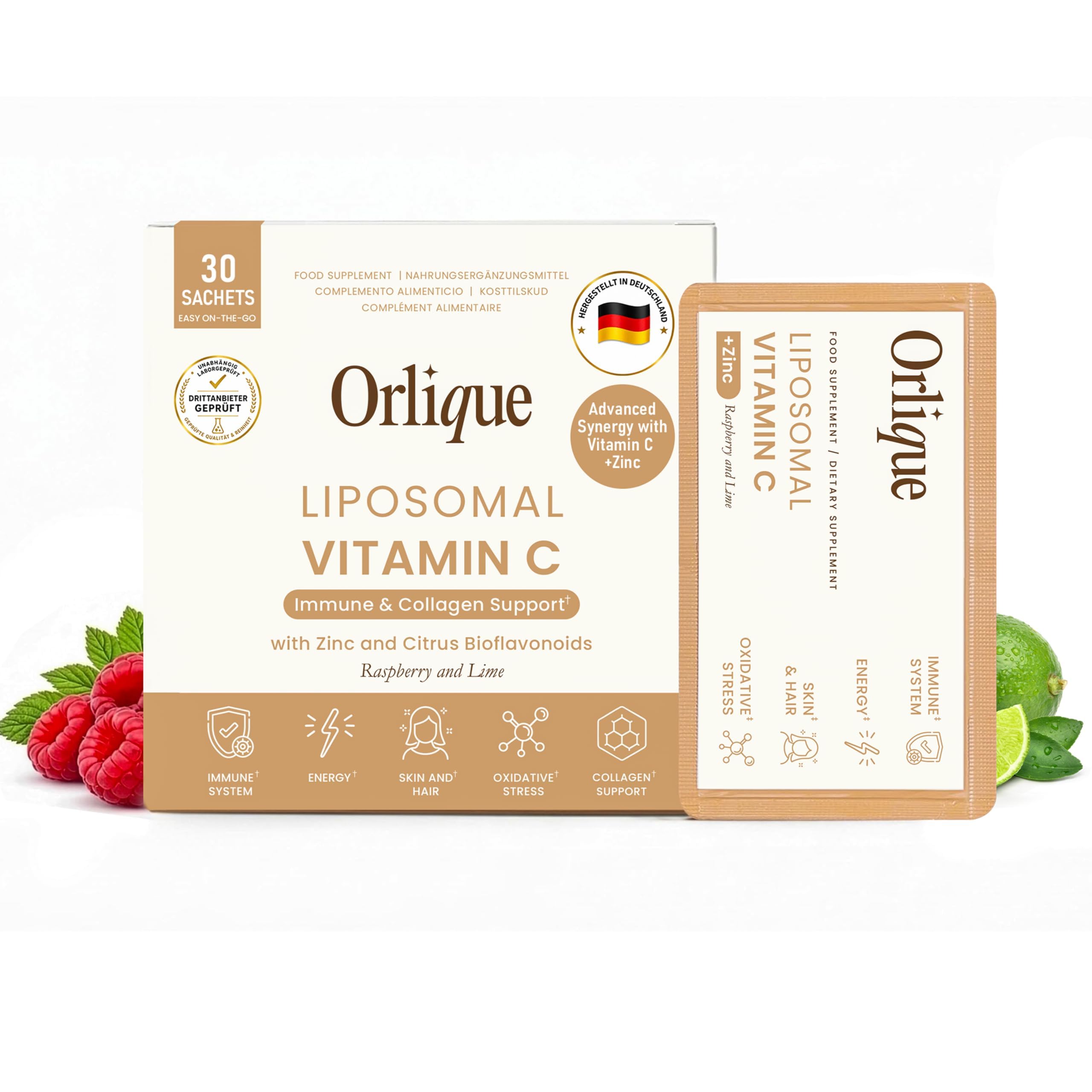 Liposomales Vitamin C 1000mg - Hochdosiert Flüssig mit Zink & Bioflavonoiden - Vegan & Keto-freundlich - Hohe Bioverfügbarkeit - 30 Sachets - Ohne Soja/Gluten, Natürliche Konservierung
