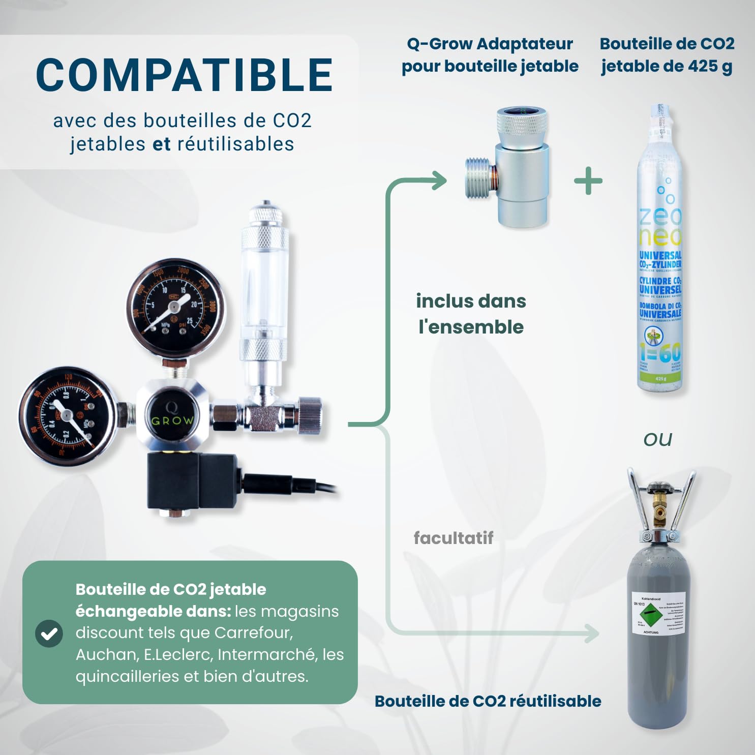 Q-Grow Kit Complet de système CO₂ pour Aquarium – Simple et Universel – INCL. diffuseur en Acier Inoxydable, Test Permanent, détendeur, Bouteille de CO₂ 425 g, Jusqu’à 1000 L