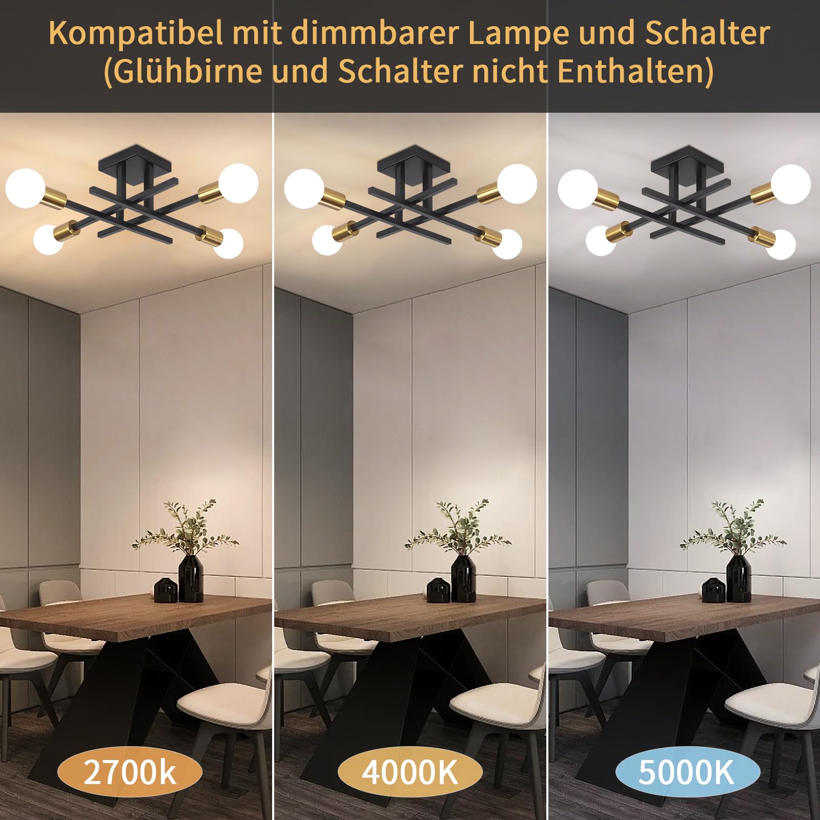 Deckenlampe Vintage, Deckenleuchte 4 Flammig Lampen Wohnzimmer, Leuchter Wohnzimmerlampe Sputnik Kronleuchter Lampe Schlafzimmer KüChe Esszimmer Flur, E27 Fassung