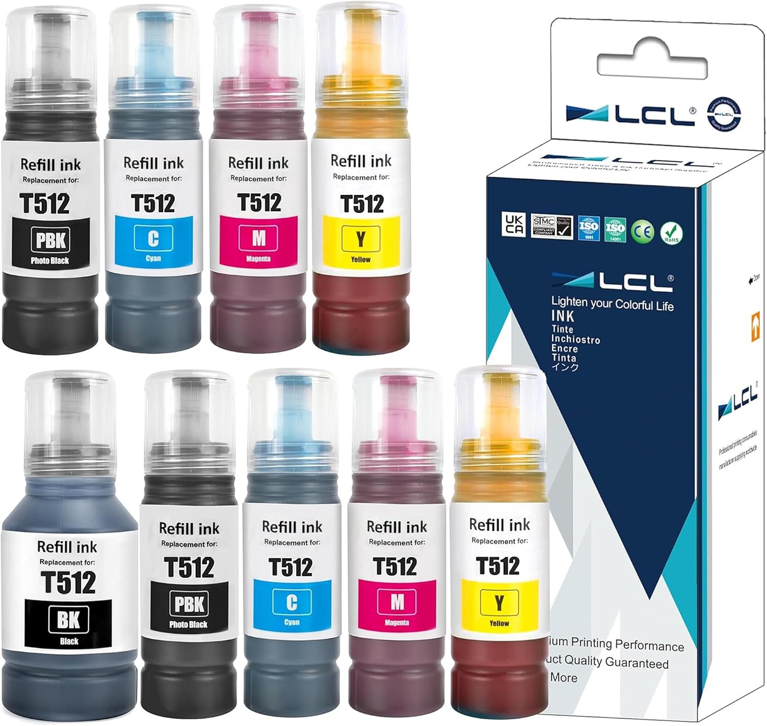 LCL Compatible Ink Refill Bottles Replacement for 512 T512 Compatible with EcoTank ET7700 ET-7700 ET7750 ET-7750 Printers (9-Pack,Black/2PBK/2C/2M/2Y)