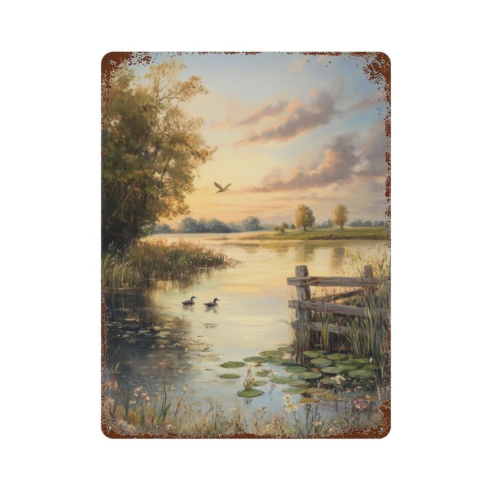 xiaoxiaoshen Vintage Duck Pond Landscape Serene Nature Classic Countryside Wall Decor Art Metal Tin Poster Modern Home Decor Art Home Bar Shop Decorations Vintage Sign 40x30cm