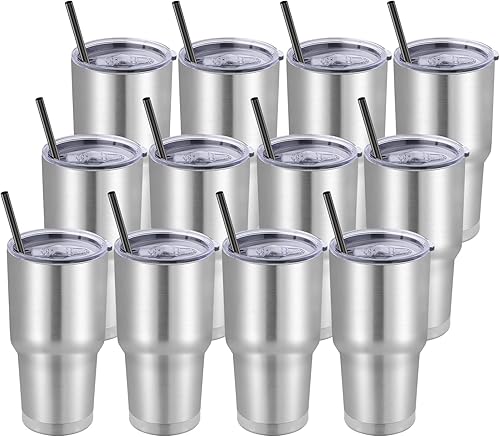 Vista 58 de DOMICARE Vaso de 30 oz con tapa y pajita, vasos de acero inoxidable a granel, aislado al vacío de doble pared, taza para café de viaje, vaso