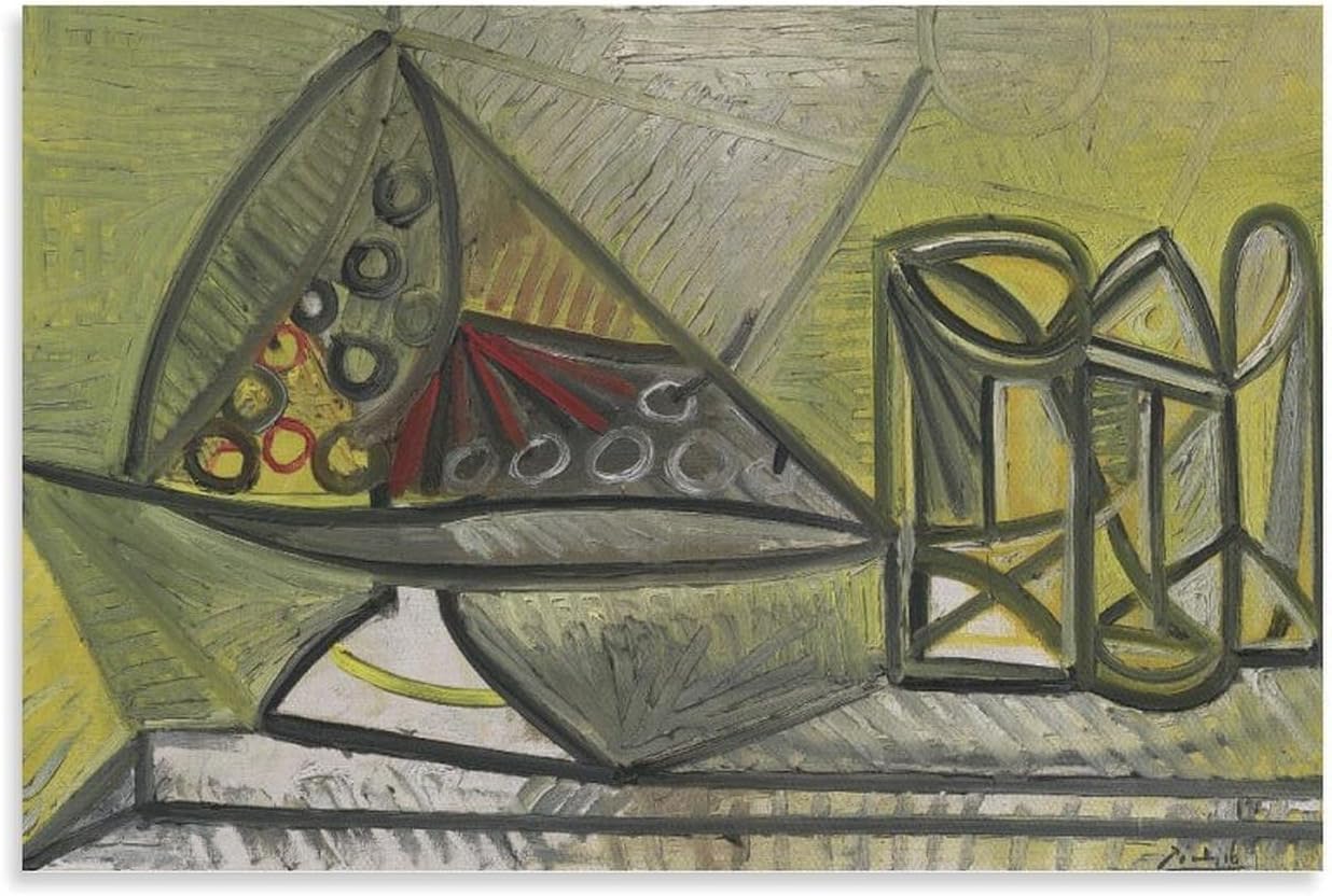 QSDTGHUIKP Bowl And Glasses by Pablo Picasso Poster and Prints Abstract Canvas Painting Picasso Wall Art for Office Home Picture Decor 16x24inx1 Frameless