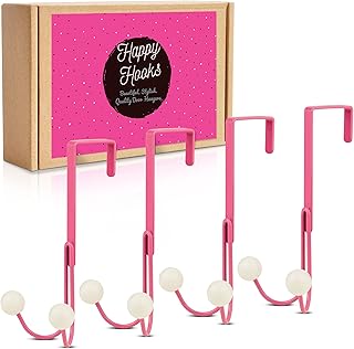 Happy Hooks - Small Over The Door Hooks for Hanging Clothes - 4 Hooks Per Pack - Over Door Hanger Hook, Over Door Hook for Towels, Coats, Clothes - Small Door Towel Hanger for Bathroom, Pink Hangers