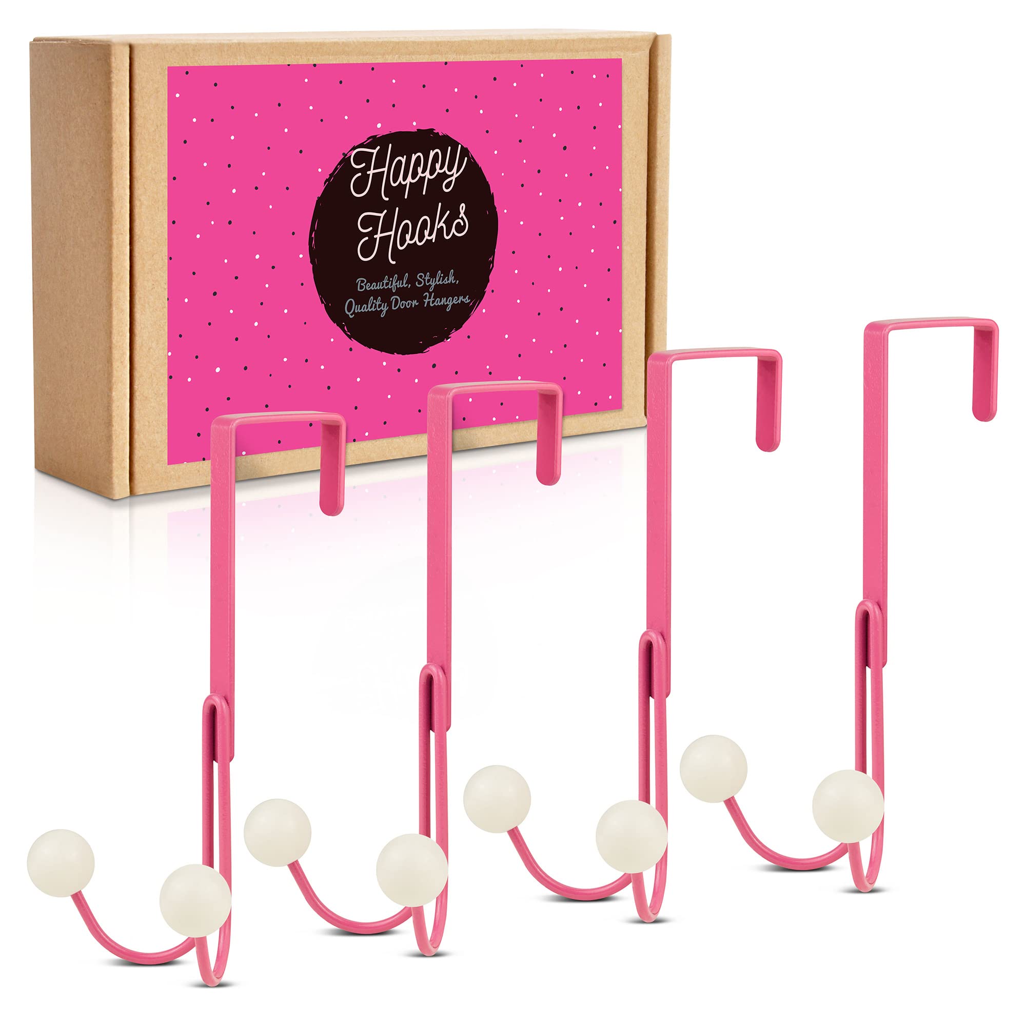 Happy Hooks Gray,Pink,White Over The Door Hooks, 4-Pack Of Pink Metal Over Door Hanger Hooks With White Caps For Bathrooms, Bedrooms, Closets, Laundry Rooms