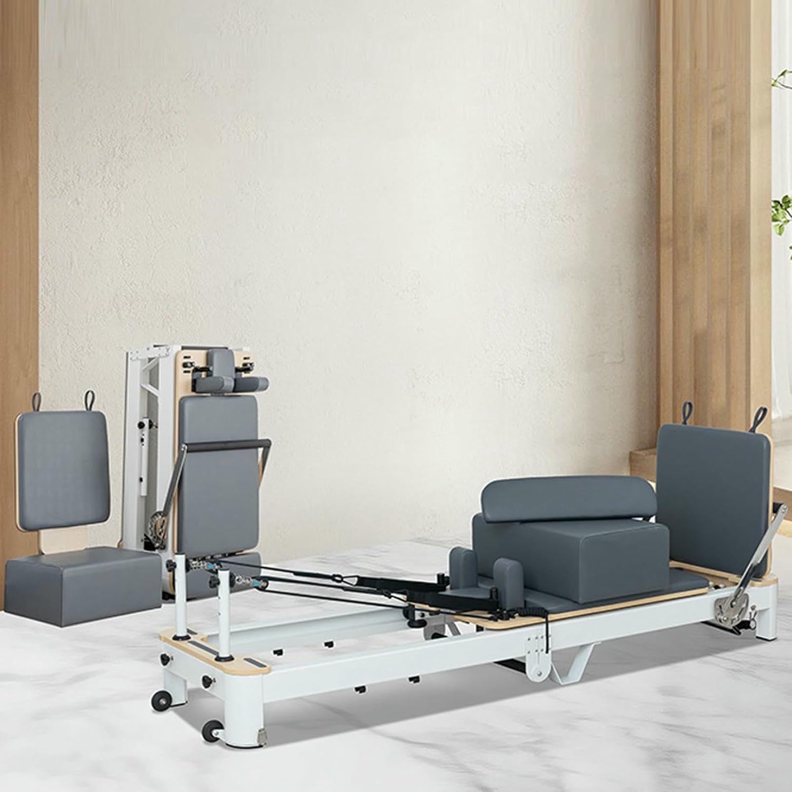 Reformer per Pilates Pieghevole, Attrezzatura per Esercizi Pilates Regolabile per la casa con Molle, Trampolino e Seduta