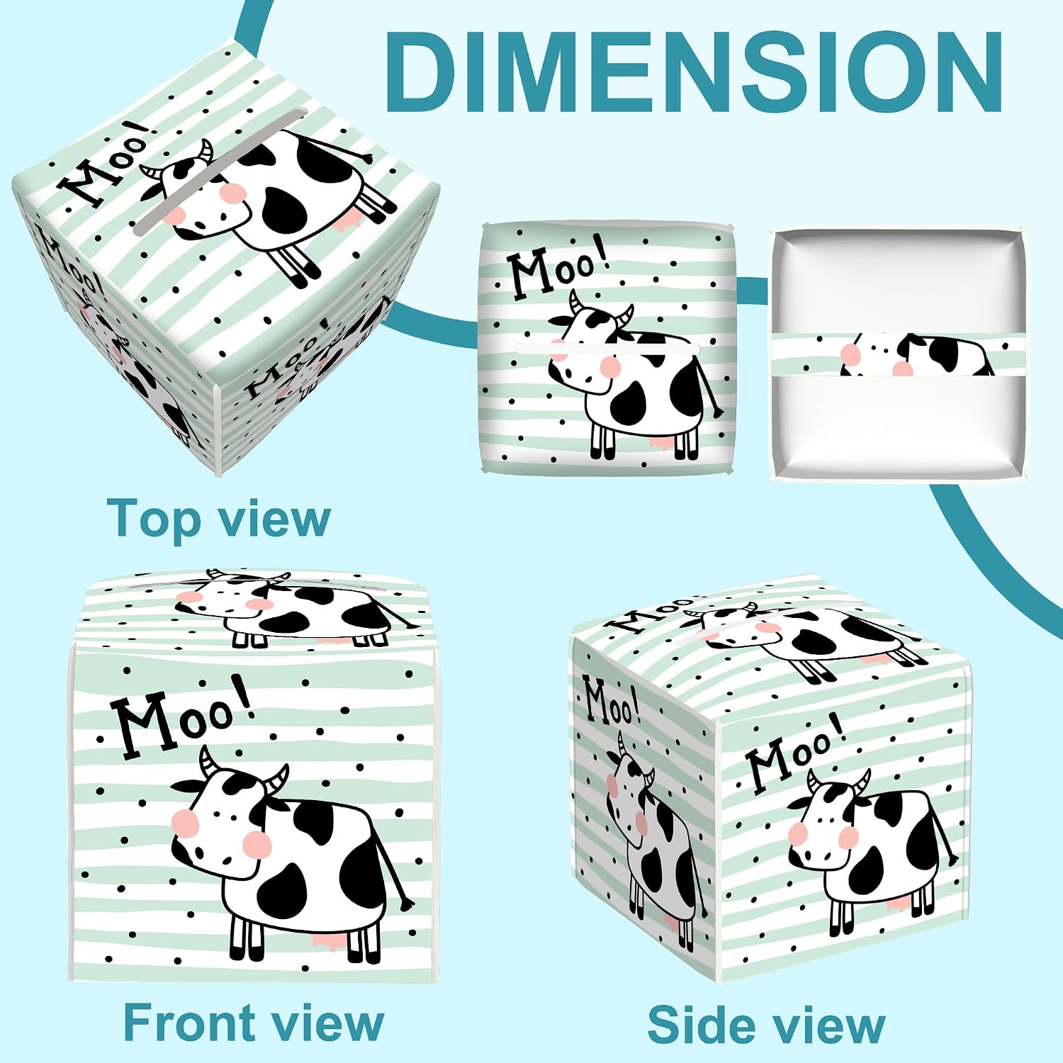 Cute Cow Tissue Box Cover Square,Green White Striped Leather Tissue Holder,Waterproof Leather Facial Paper Organizer Tissue Box Cover for Home Office Bathroom Vanity Countertop,5.2" x 5.2" x 5.2" image 5
