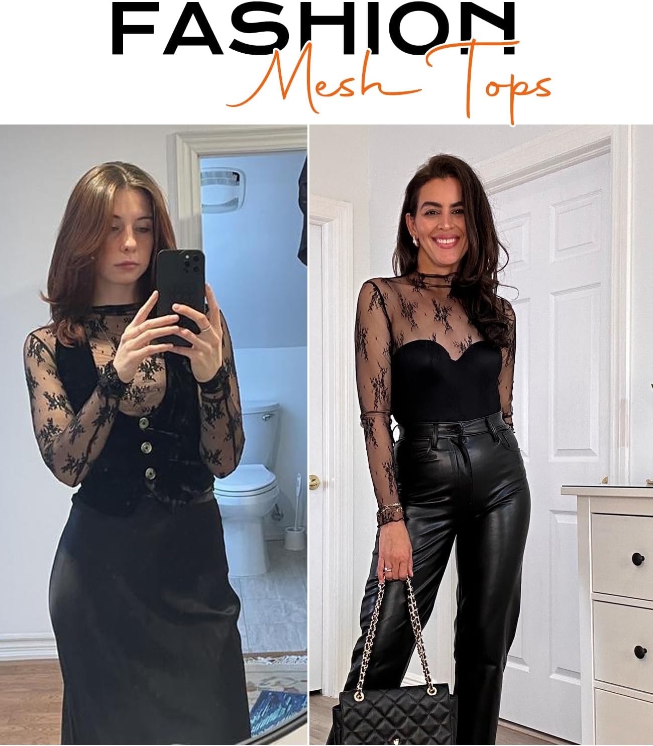 Flygo Womens See Through Floral Lace Layering Top Shirt Blouse Mock Neck Sheer Long Sleeve Mesh Tops - Image 5