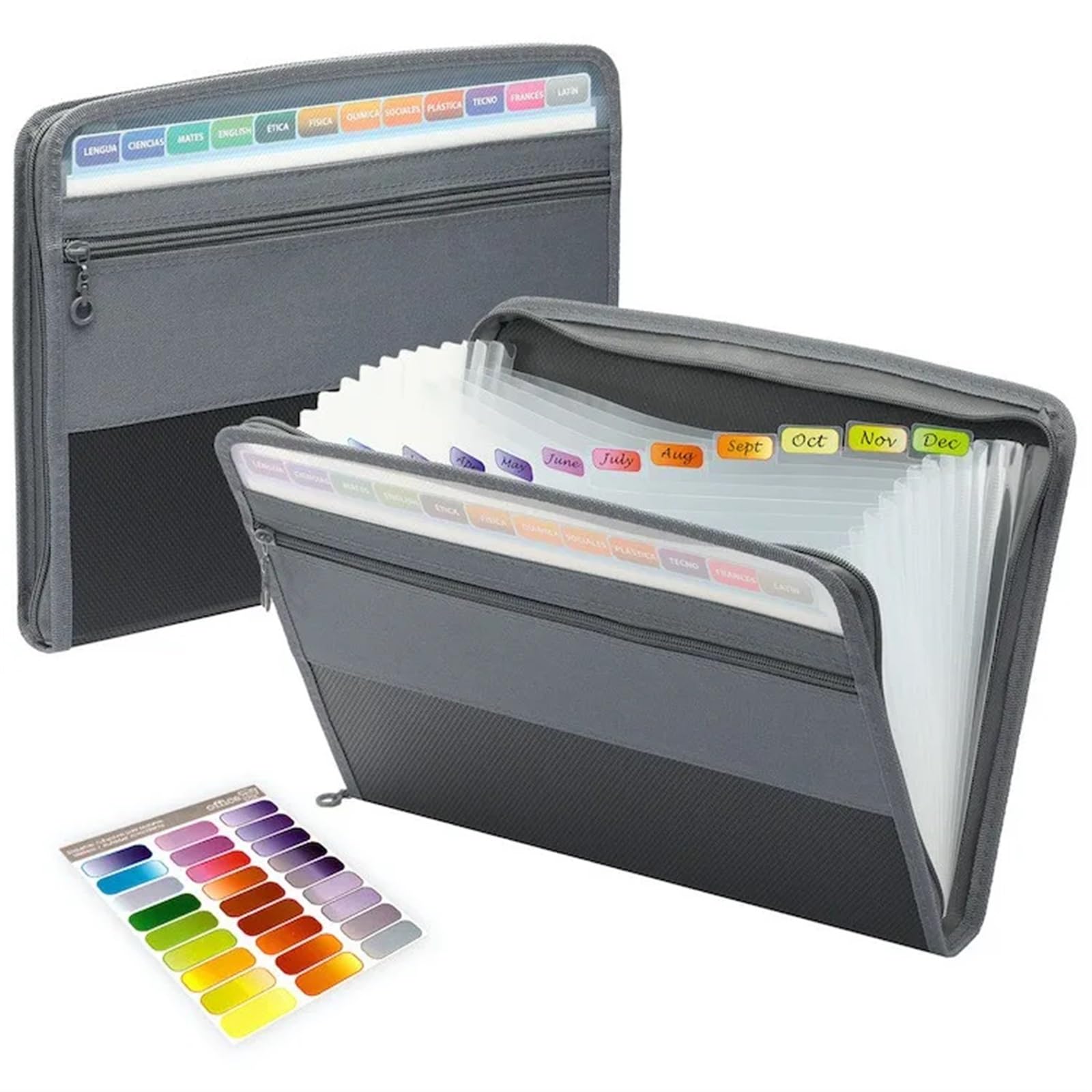 Organizador de archivos en acordeón de plástico, Carpeta de archivos expandible 13 bolsillos en forma acordeón plástico con cremallera, multicolor(Black)