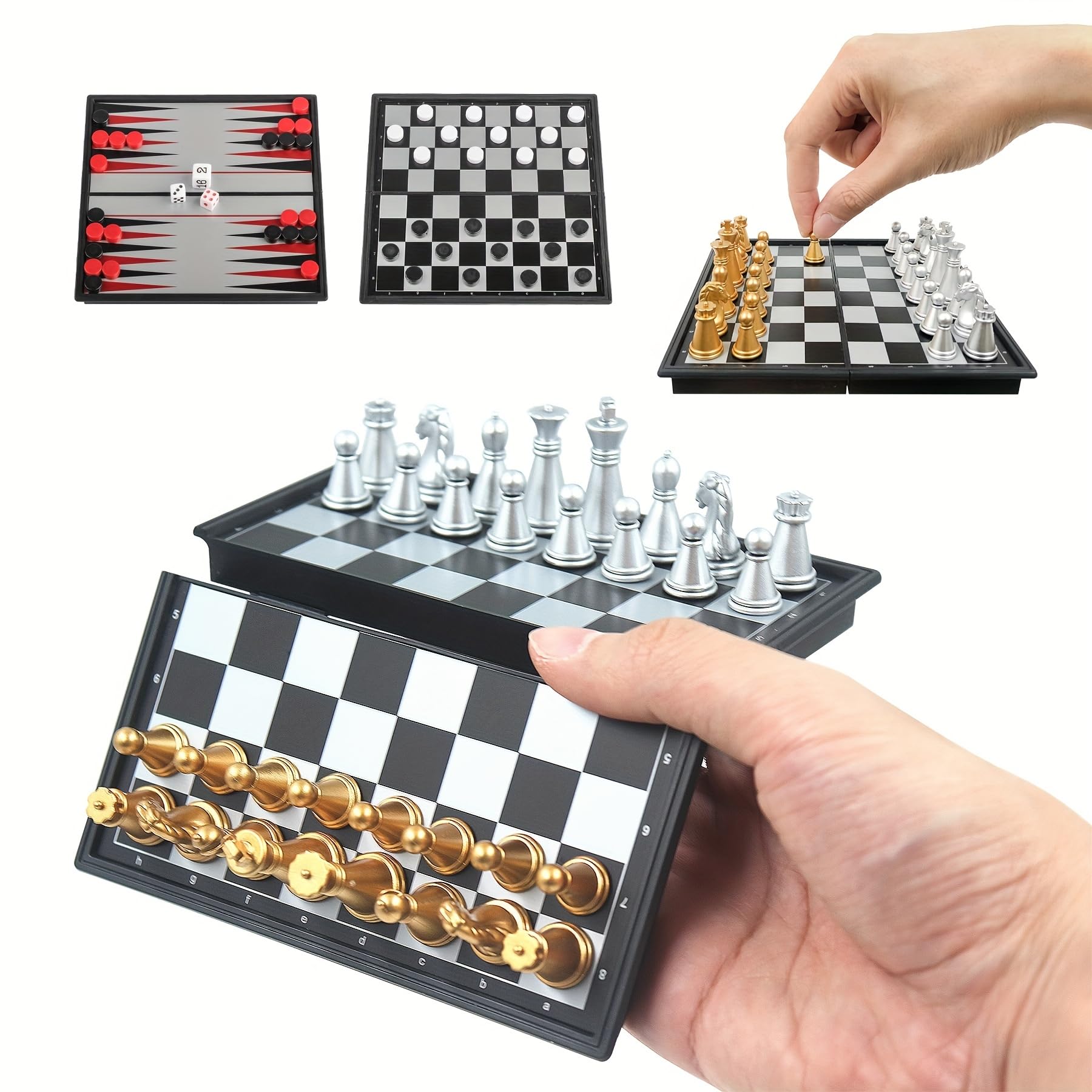 FVANTIME Chess Board Game Set Mini Magnetic Chess Kit Table Game with Folding Case 5'' Portable 3 in 1 Chess Checkers Backgammon Set Travel Game 2 Players