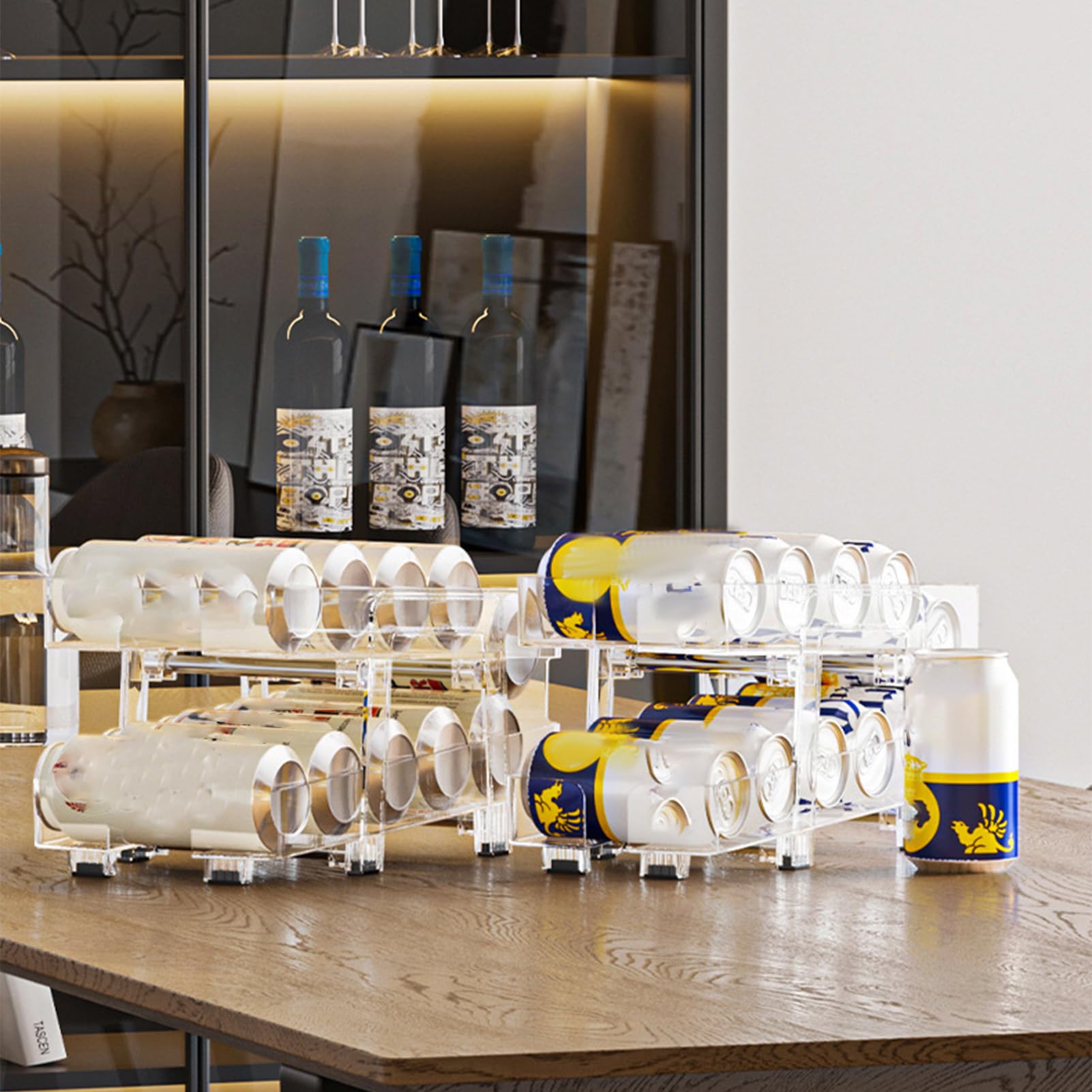 Organizador De Latas Soporte Doble Para Latas | Estante Para Bebidas Con Cesta De Ancho Ajustable, 2 Niveles, Dispenser Retráctil Con Ruedas Para Cocina, ,
