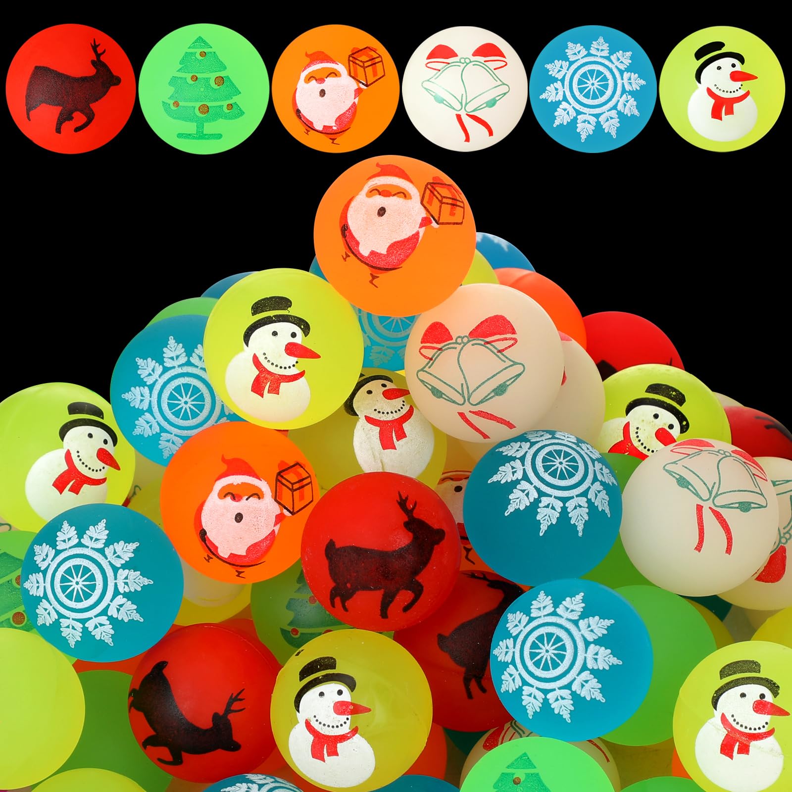 Junkin 100 Stück Weihnachtsflummis, leuchtet im Dunkeln, leuchtende Gummibälle, 3,2 cm, kleiner Hüpfball, Weihnachtsmann, Weihnachtsbaum, Schneemann, Hüpfbälle für Weihnachten, Party, Gastgeschenke,