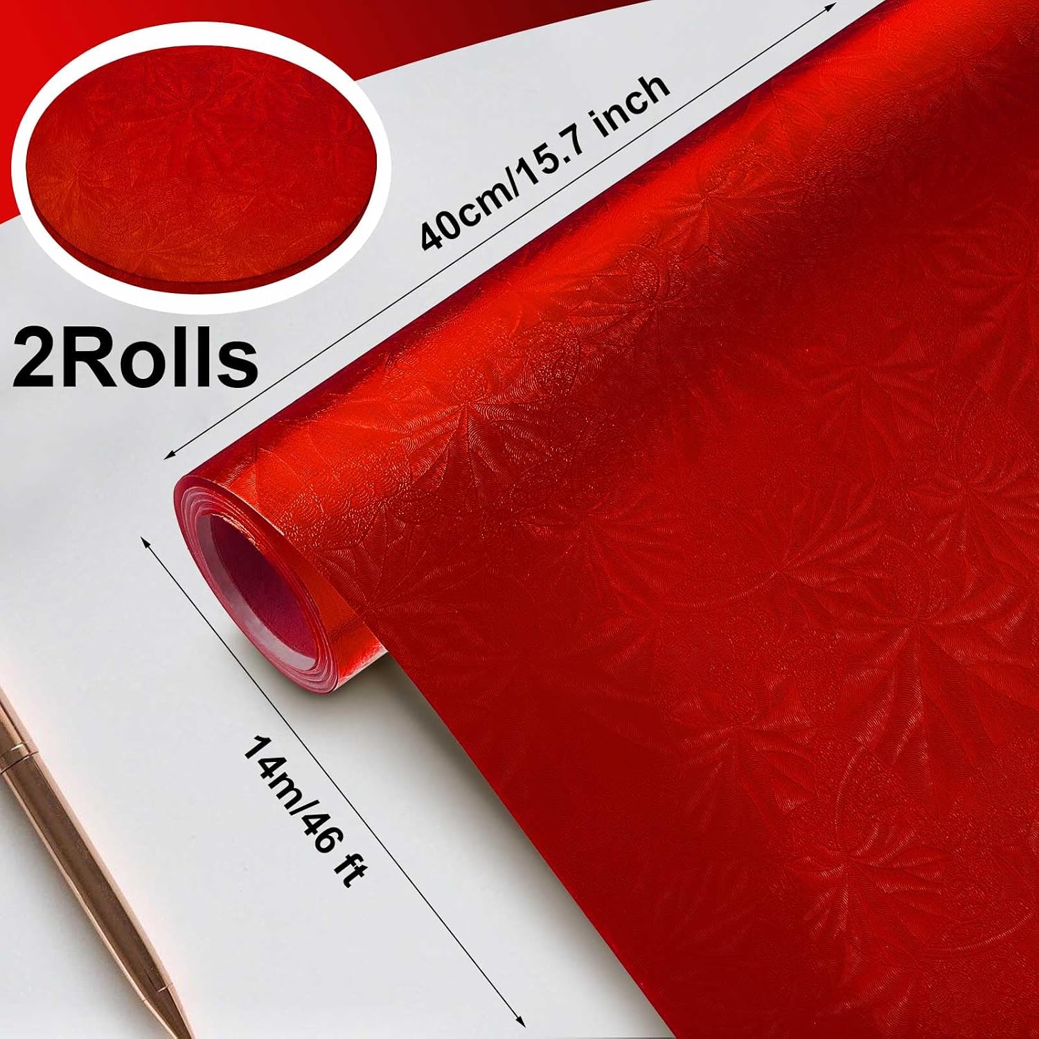 Jecery Embossed Floral Foil Paper Metallic Wrapping Paper Colored Foil Sheets for Crafts Scrapbook Florist Cake Board Cake Drums Gift Wrapping, 15.7 Inch 46 Ft (Red)