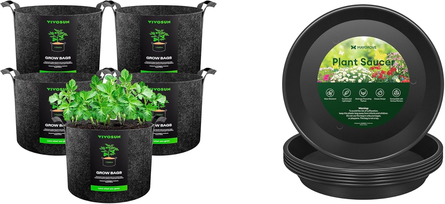 VIVOSUN 5-Pack 1 Gallon Heavy Duty Thickened Nonwoven Fabric Pots and 6 Pack Plant Saucer, 8 10 12 inch Plant Saucers for Indoor, Heavy Duty Plastic Plant Trays for pots, Grow Bags for Indoor use