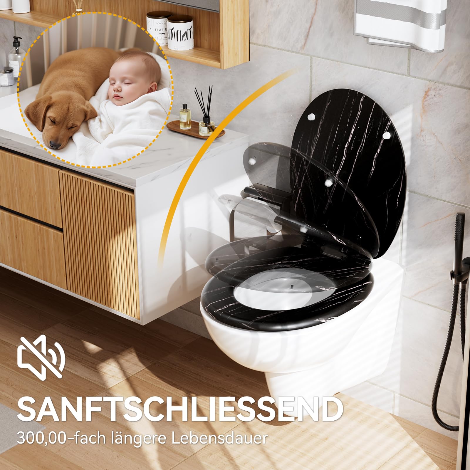 Toilettendeckel mit Absenkautomatik Holz - WC Sitz Bambus Klodeckel Oval MDF Klobrille Toilettensitz Softclose Toilet Seat Schwarz 175 KG Belastbarkeit
