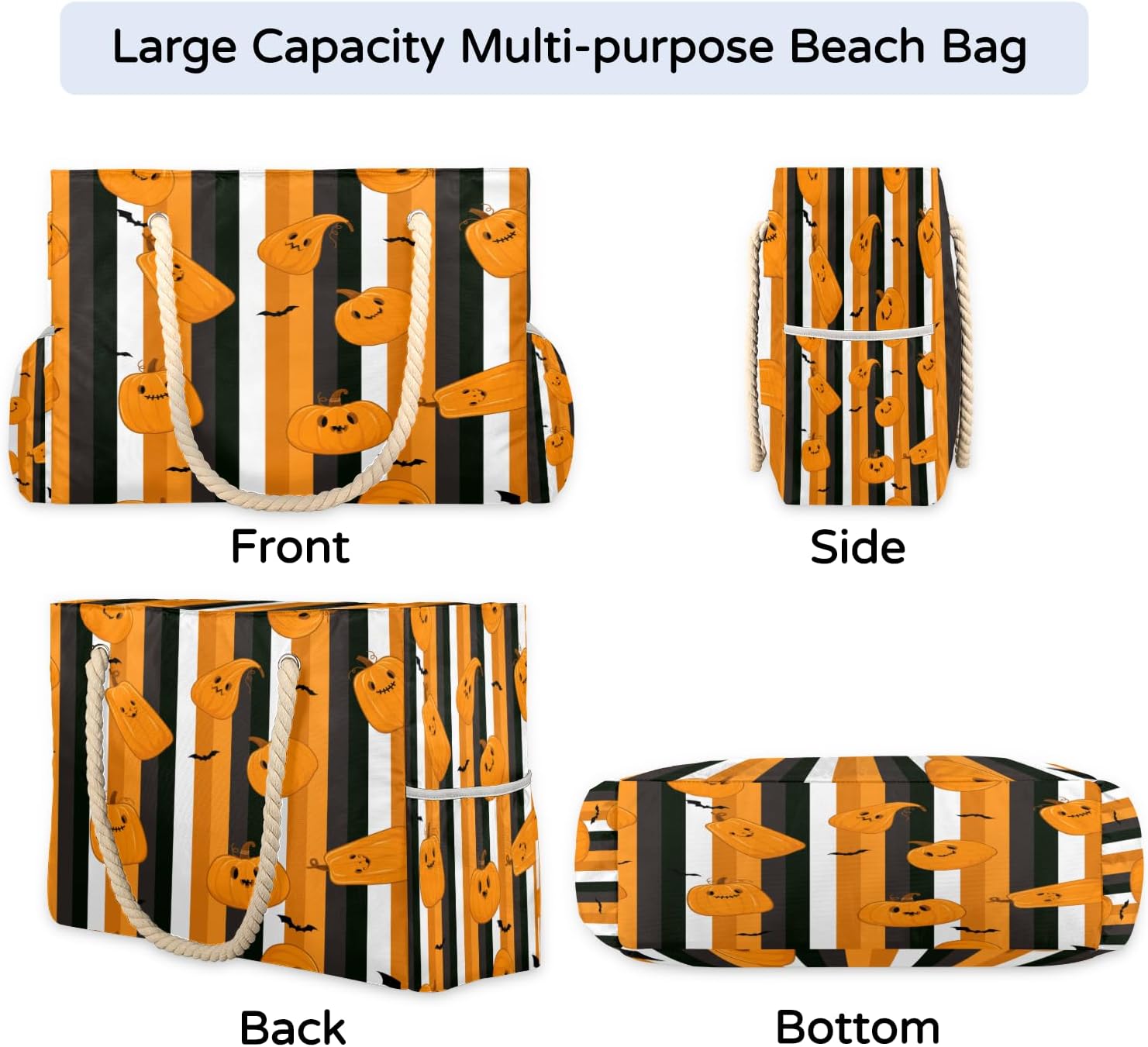 Halloween Striped Pumpkins Beach Bag for Women Waterproof Sandproof Tote with Zipper Cotton Rope Handles for Travel Pool Gym Shopping