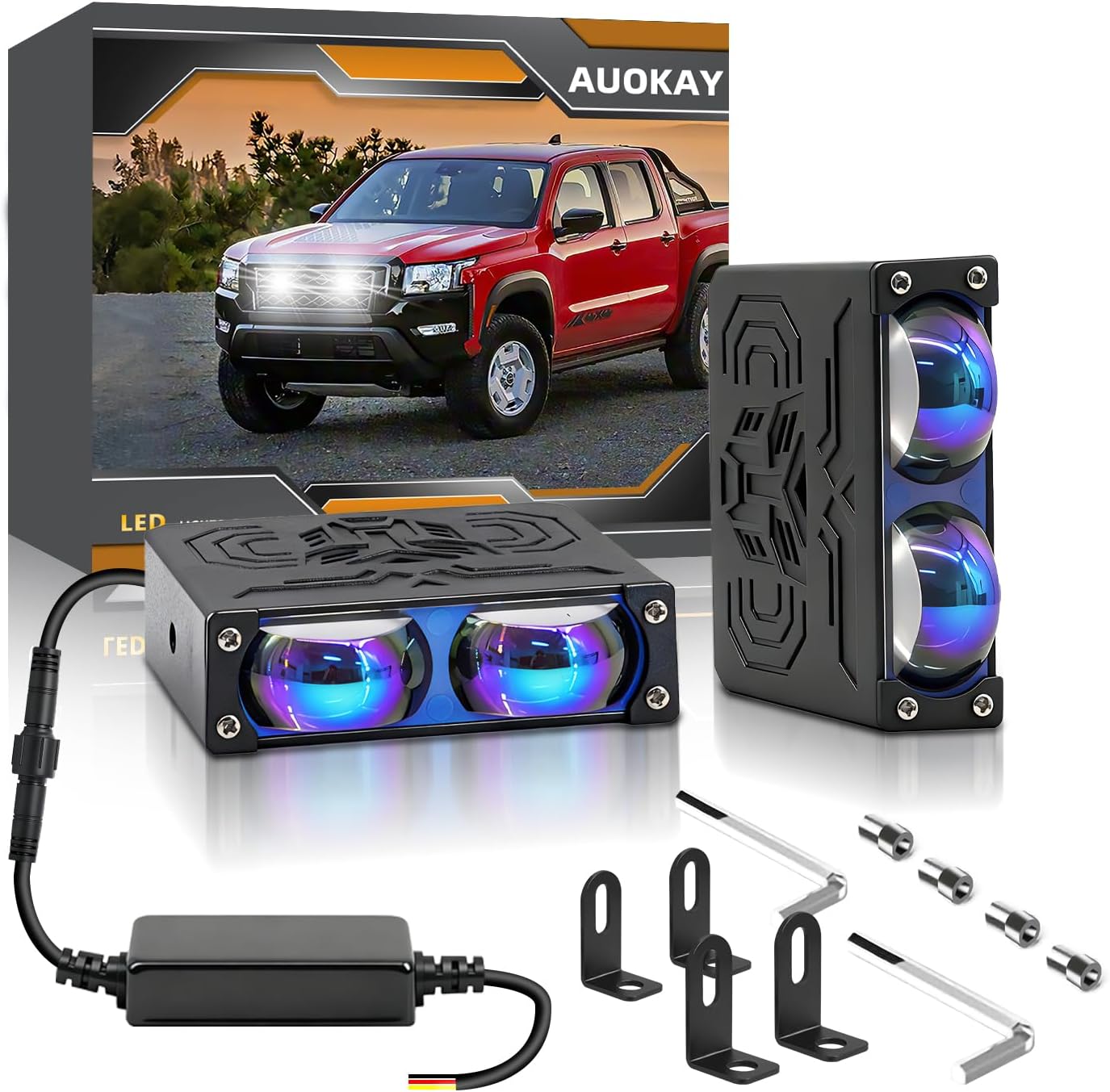 2PCS Grill Driving Lights,Mini Projector Super Bright Hi-Lo Beam White/Yellow Fog Lights with Blue Lens,Waterproof for Offroad/Motorcycle/UTV/ATV