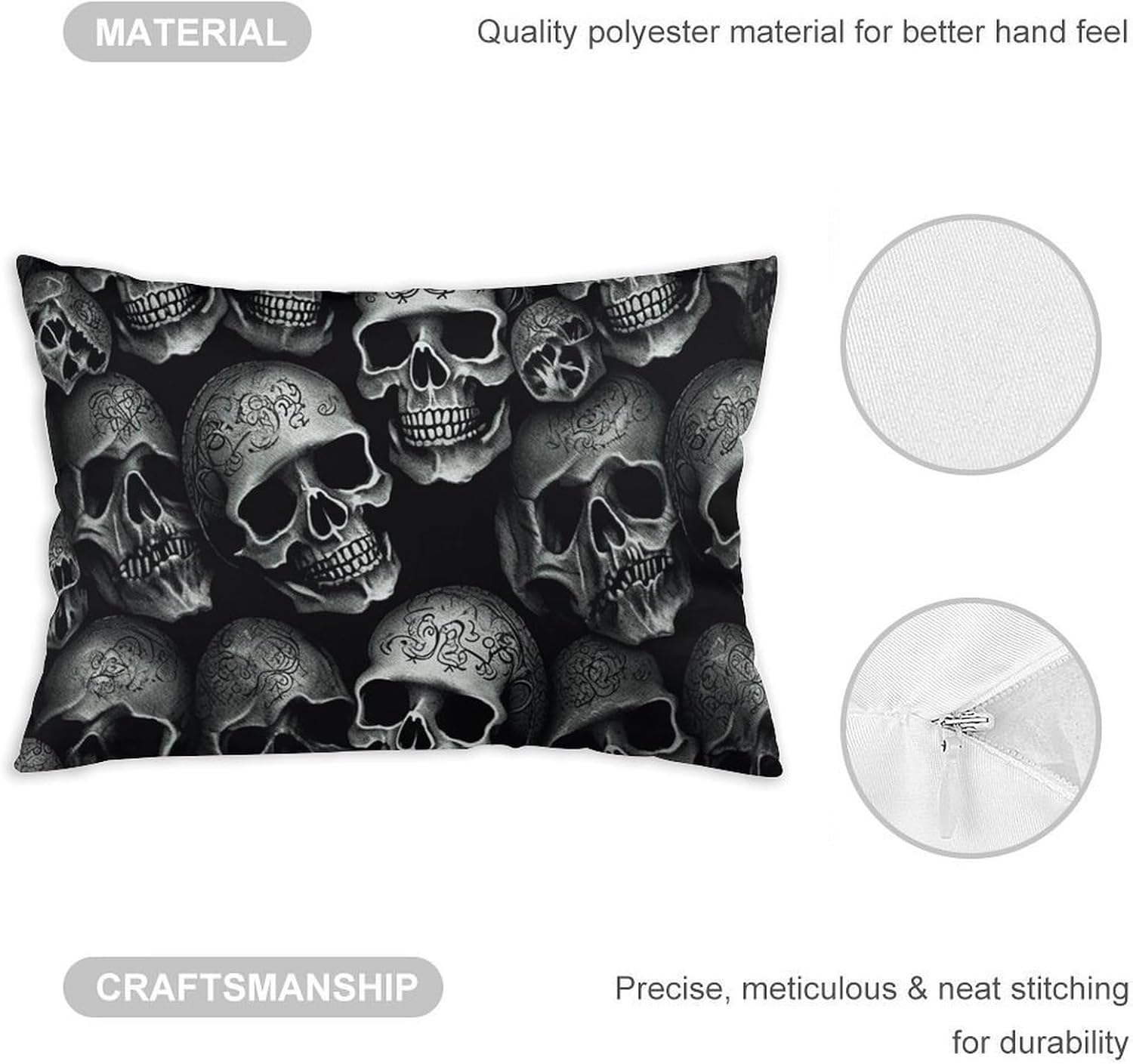Black Skull Pillow Cases Queen Size Set of 1 Soft Comfortable Throw Pillows Covers Decorative Pillowcase with Zipper Bed Cushion Covers for Couch Sofa Bedroom 12 "x20