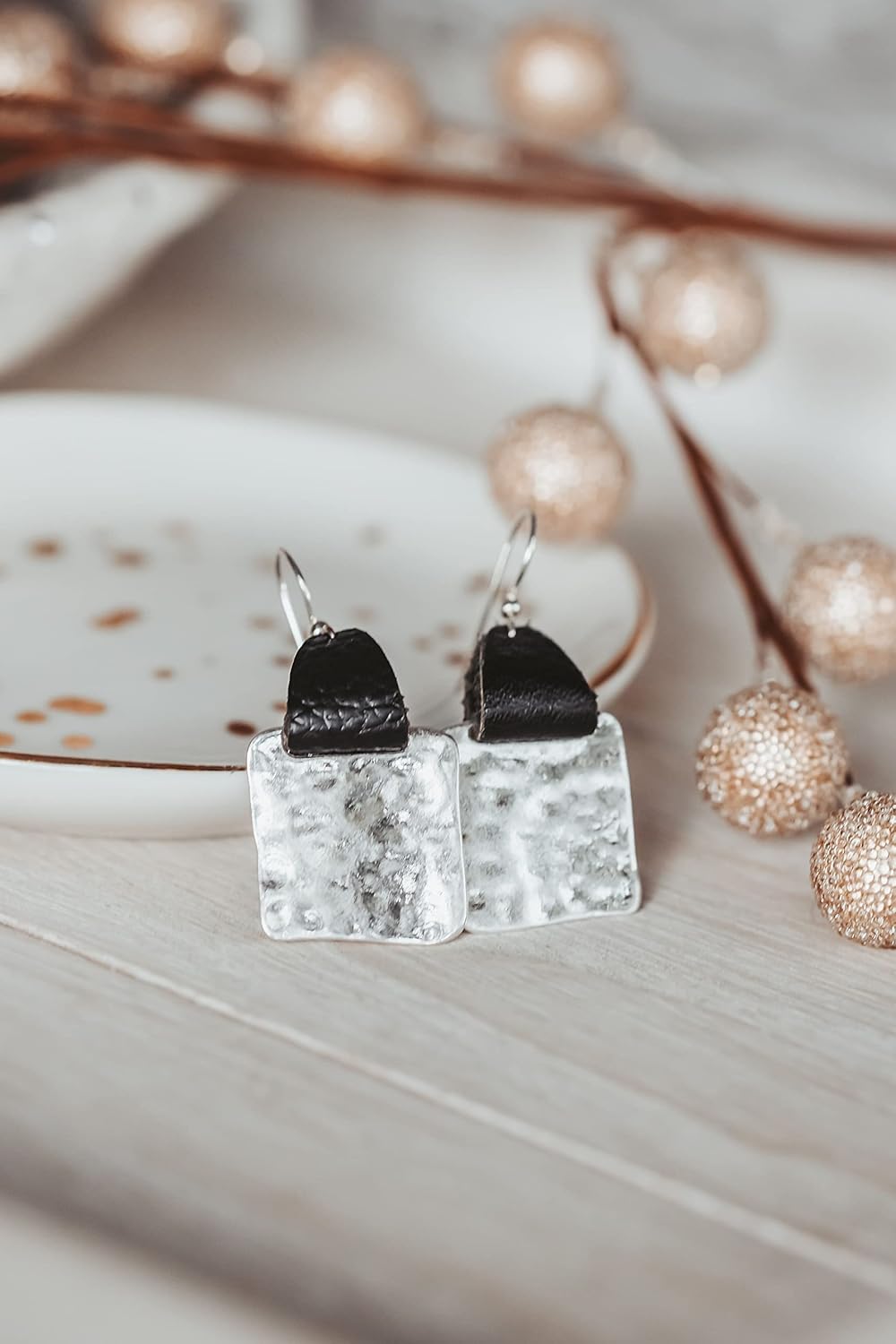 Black Leather Silver Square Earrings