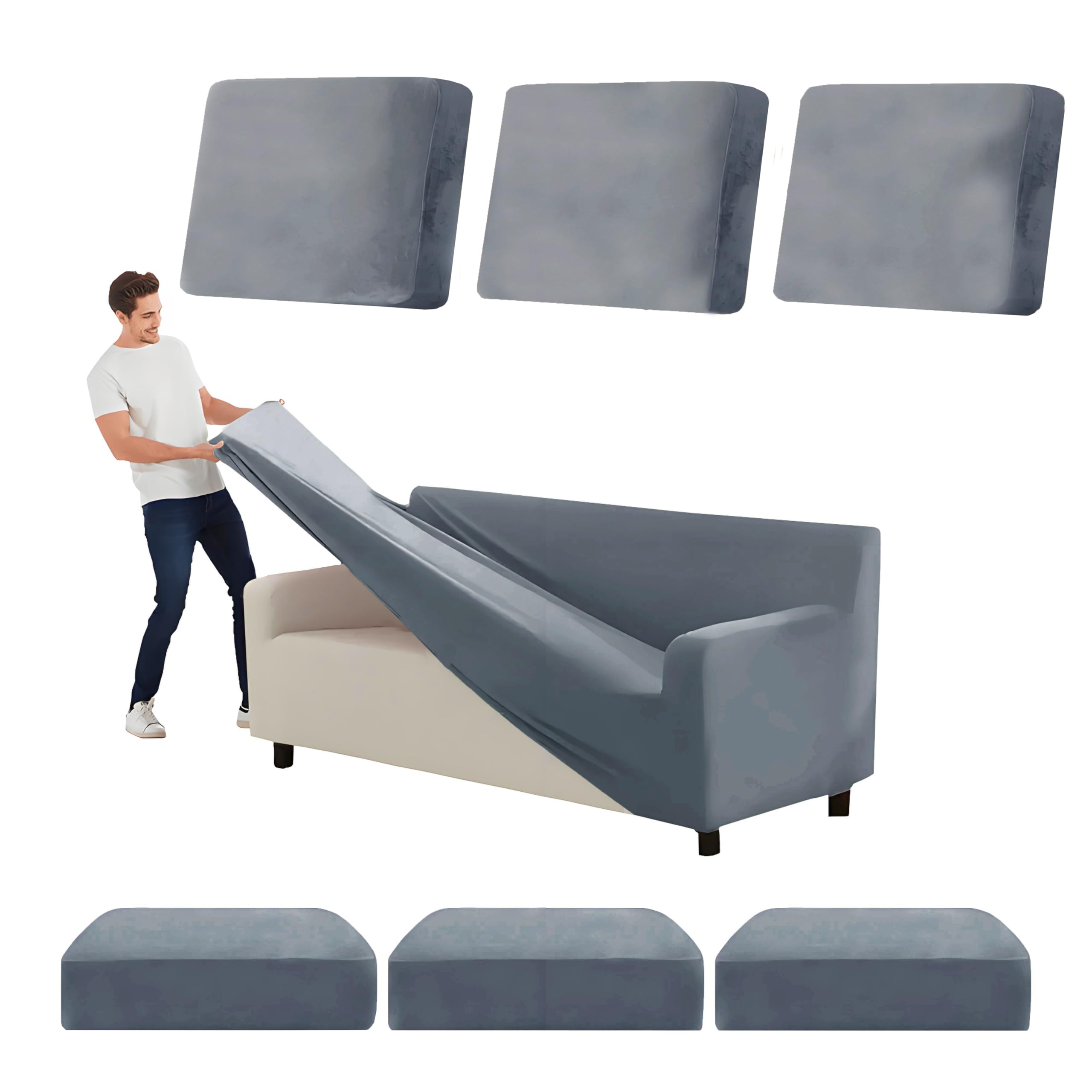 SYLC Stretch Ektorp Sofa Cover, Velvet Sofa Covers 1/2/3/4 Seater with Seat Cover and Back Cover, Non-slip Settee Covers Well-fitted (grey blue,185-235cm 7pcs)