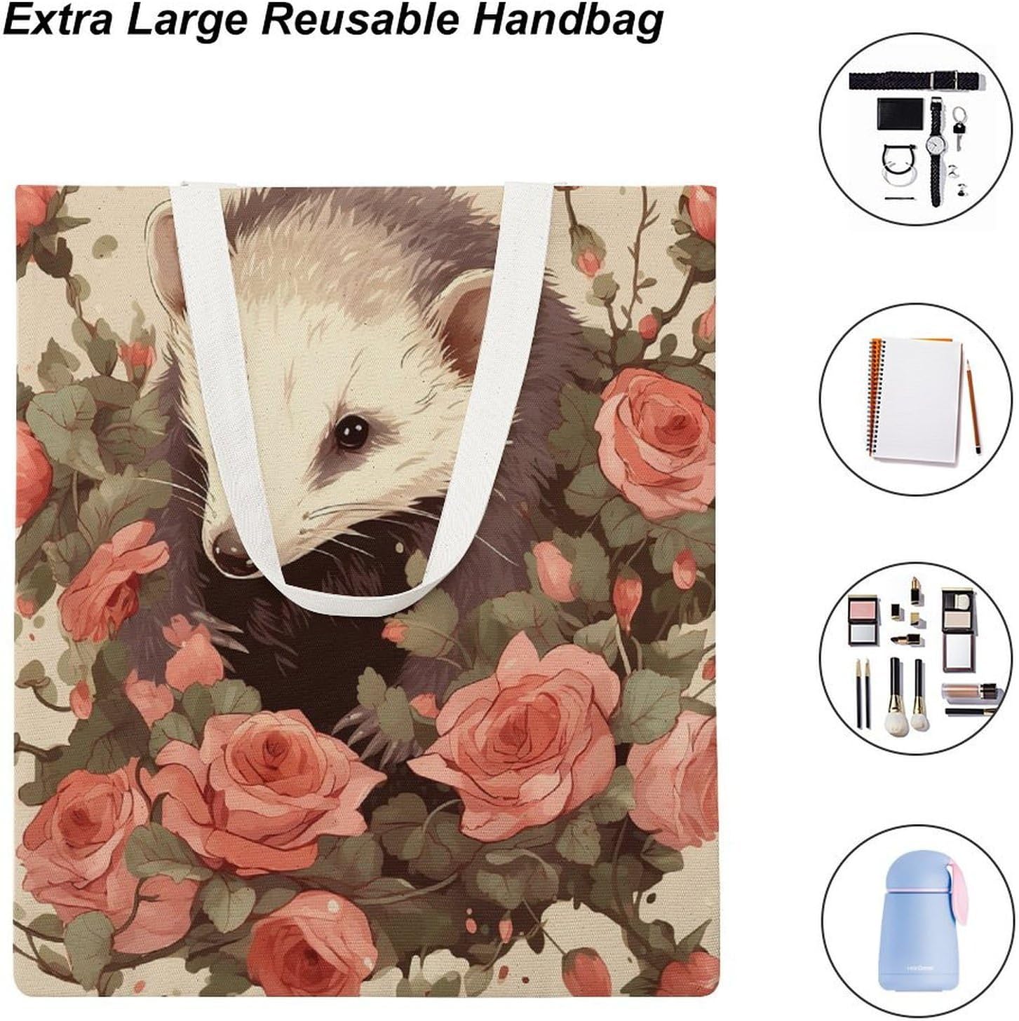 Canvas Tote Bag 16x15 In Lightweight Foldable Shoulder Hobo Purse | Opossum And Roses, Casual Tote with 10" Strap, Everyday Carryall, for Travel Work Grocery Shopping Beach Mark Gym Yoga