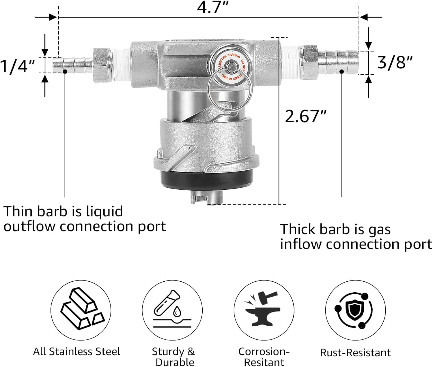 low profile s type keg coupler, all 304 stainless steel s type keg tap space saving twist-activated homebrew european keg coupler with safety pressure relief valve connection tape hose clamp